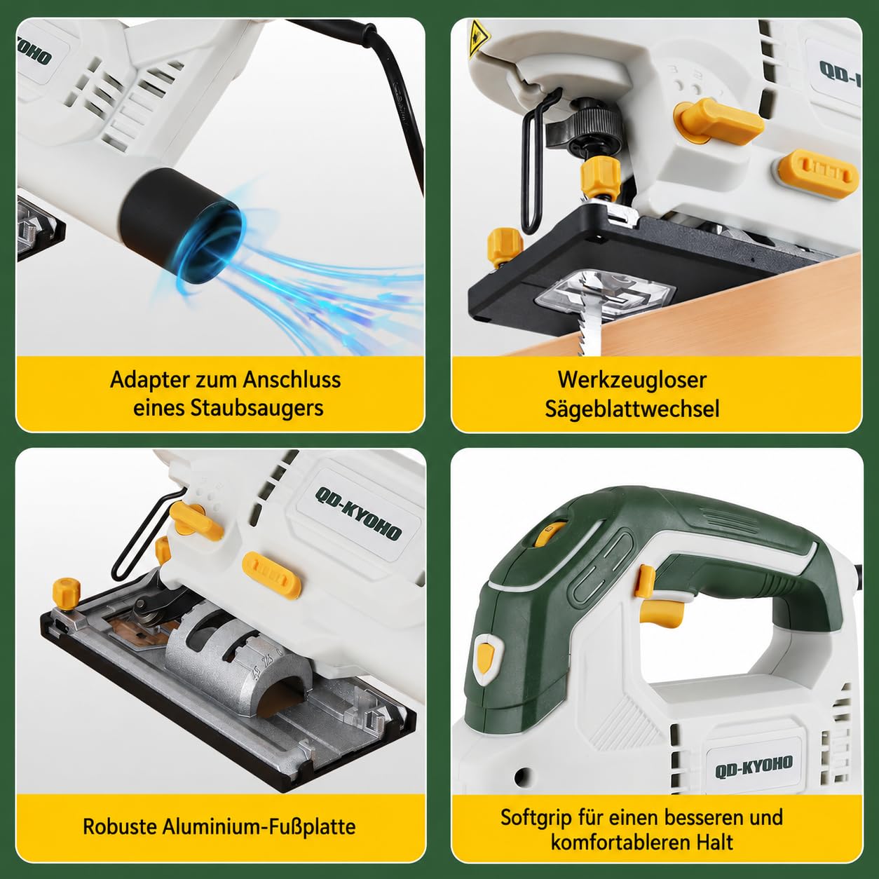 Stichsäge 800 W mit Laser und LED, 6 Geschwindigkeiten, 4 Pendelstufen, 100 mm Holz und 10 mm Metall, 45° Gehrungsschnitt, T-Schaft Schnellwechsel