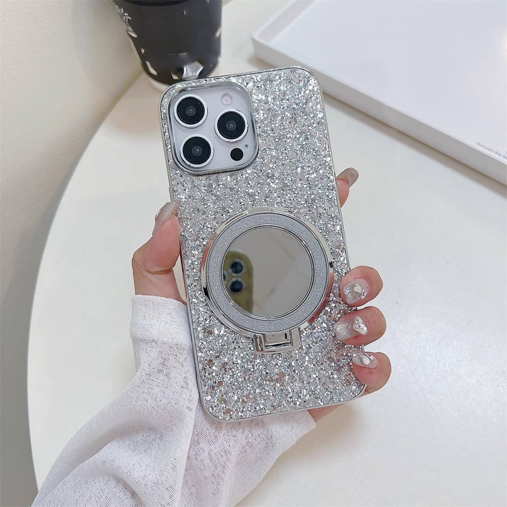 Étui support miroir compatible iPhone 14 Plus, coque magnétique paillettes