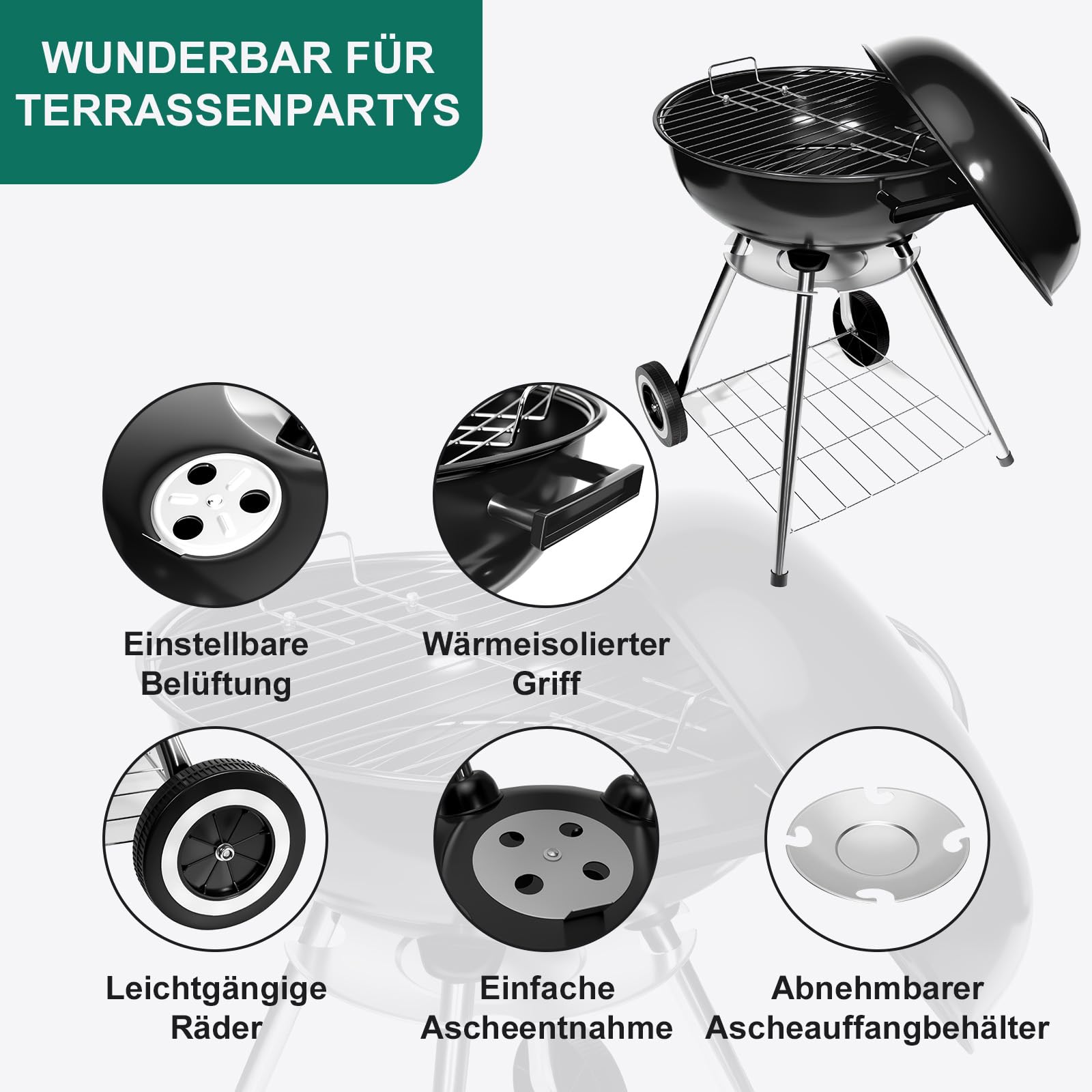 HYCHIKA Kugelgrill Holzkohlegrill Kohlegrill, Ø47cm 18 Zoll Rund Vertikal BBQ Kompaktgrill mit Deckel, Rädern für Garten Balkon Camping Outdoor