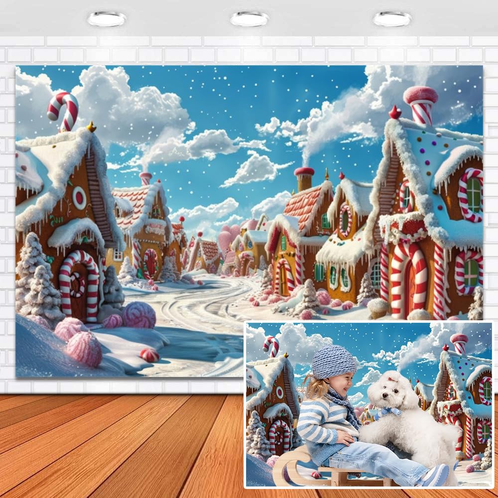 Fondale fotografico natalizio con casa di pan di zenzero, 6 x 3 m, sfondo fotografico invernale con neve e cartone animato rosa omino pan di zenzero biscotto casa sfondo