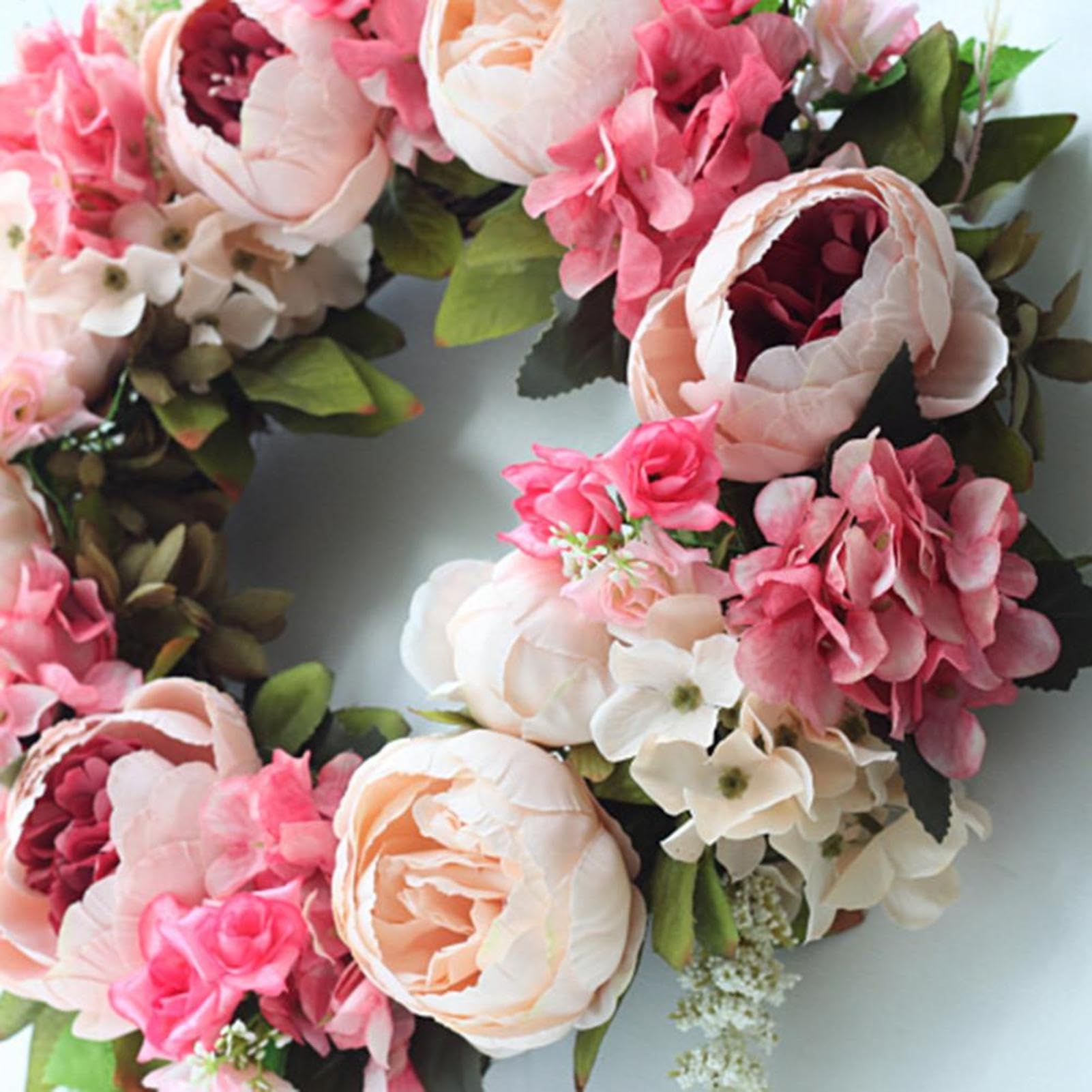 Corona de peonía de flores artificiales, guirnalda de puerta delantera de