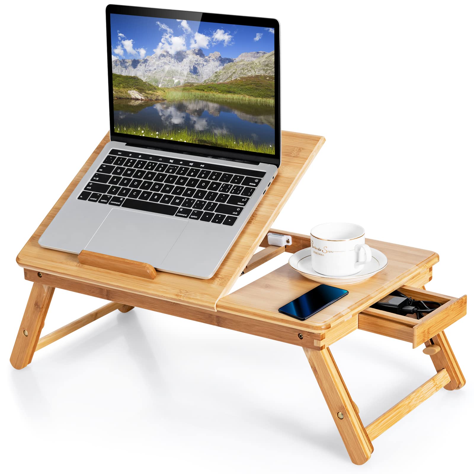 GYMAX Tavolino per Computer Portatile in Bambù con Piano Inclinabile a 4 Livelli e Cassetto, Tavolo Pieghevole con Altezza Regolabile, Fori di Raffreddamento, Supporto per Computer (Naturale)