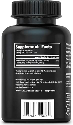 Miniatura 9 de Vital Vitamins Glicinato de magnesio de 500 mg (paquete de 3) - Fórmula de alta absorción - Promueve la relajación, la calma y el sueño reparador -