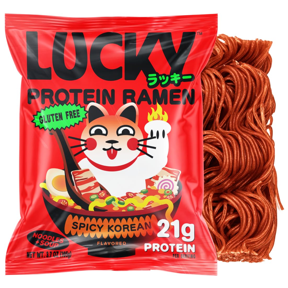 Lucky High Protein, Gluten Free Ramen Noodles, Extra Spicy Korean Flavor | 21g Protein | No MSG, Air Dried, Vegan, Reduced Sodium, Healthy, Vegetarian | Rice Ramen + Soup | Instant, Ready in 8 Minutes | 6-Pack