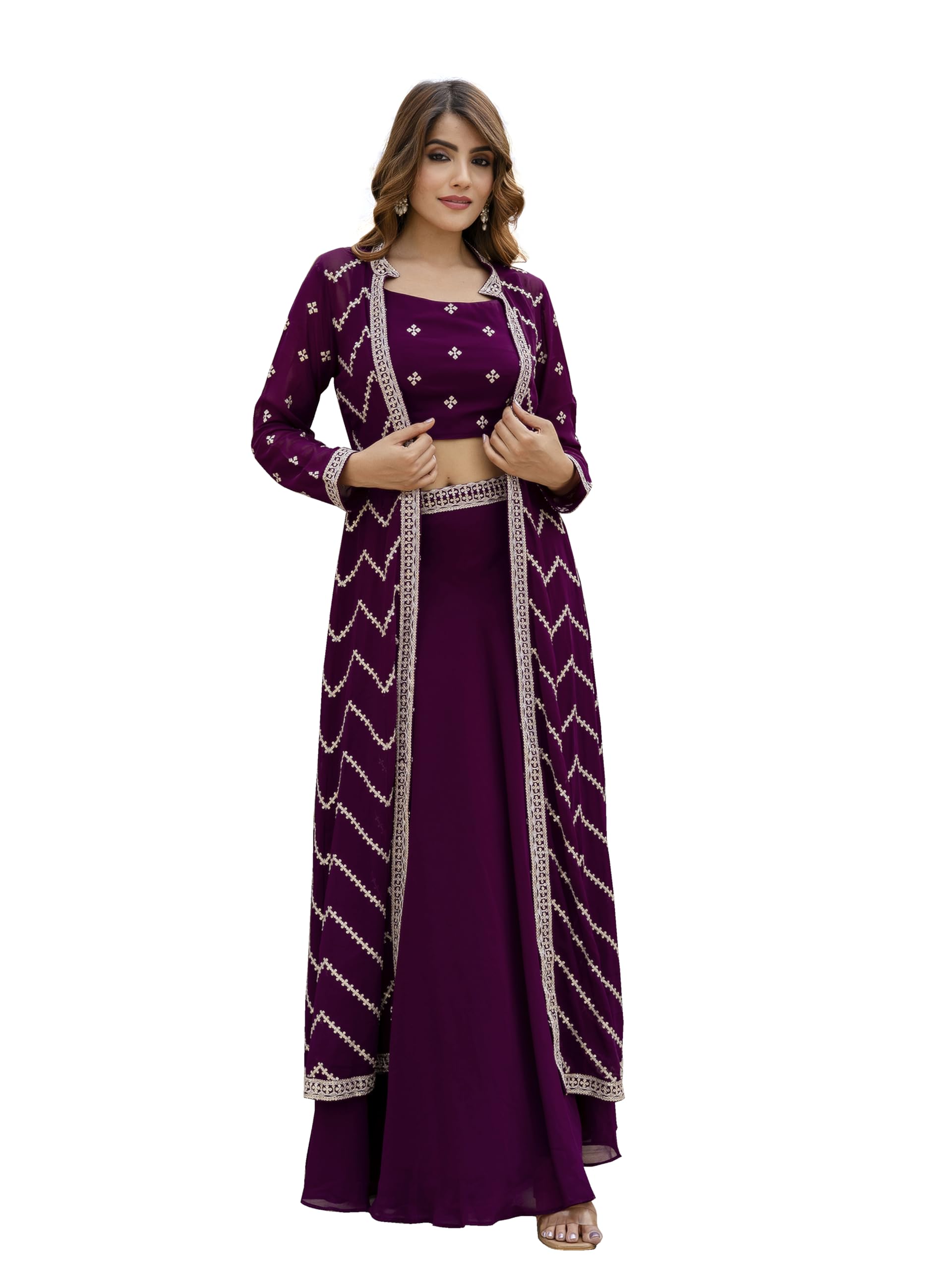 Trendmalls Womens Georgette Sequin Embroidery Crop Top Lehenga with Shrug Suit Set Ethnic Fusion Wear