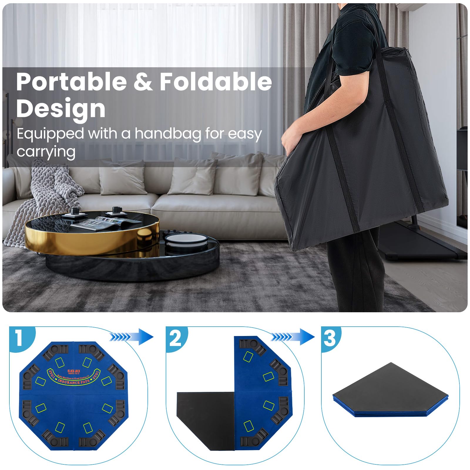 GYMAX Dessus de table de poker Texas Hold'em pliable de 122 cm, disposition professionnelle pour 8 joueurs avec porte-gobelets et plateaux à frites, sac de transport pour fête casino (bleu)