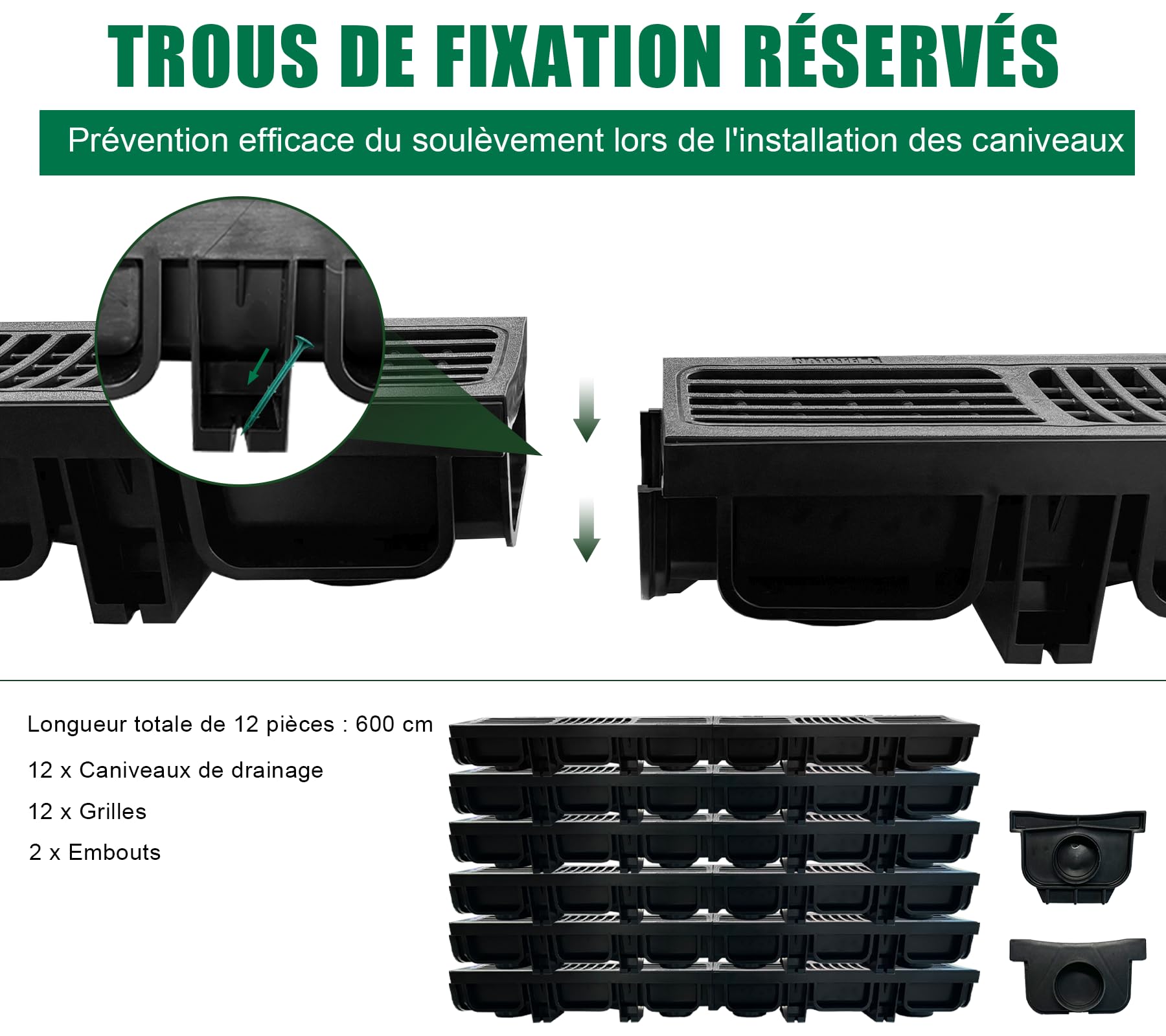 Lot de 12: 500x140x100 mm Caniveau Terrasse en PEHD Noir avec Grille, B125 caniveau extérieur de Drainage en PEHD, 6m, pour l'allée, Le Jardin, la terrasse, Le Garage, Le Cour