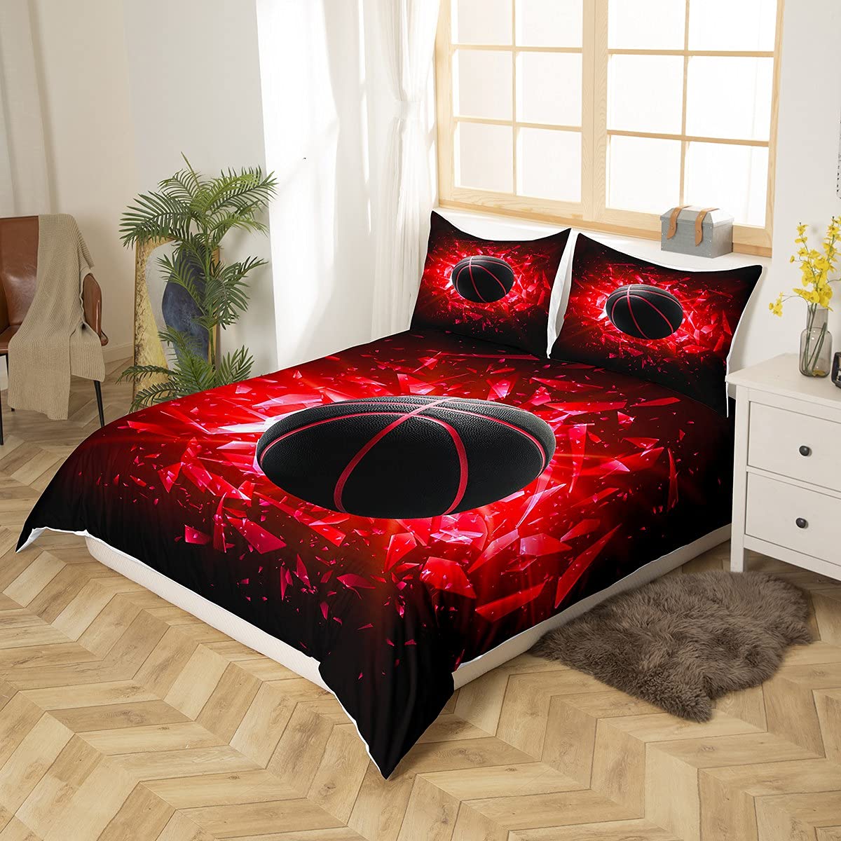 Set di biancheria da letto con copripiumino 3D a tema pallacanestro, per bambini e ragazzi, per letto singolo, motivo hobby competitivo, morbido, decorativo, per camera da letto di ragazzi