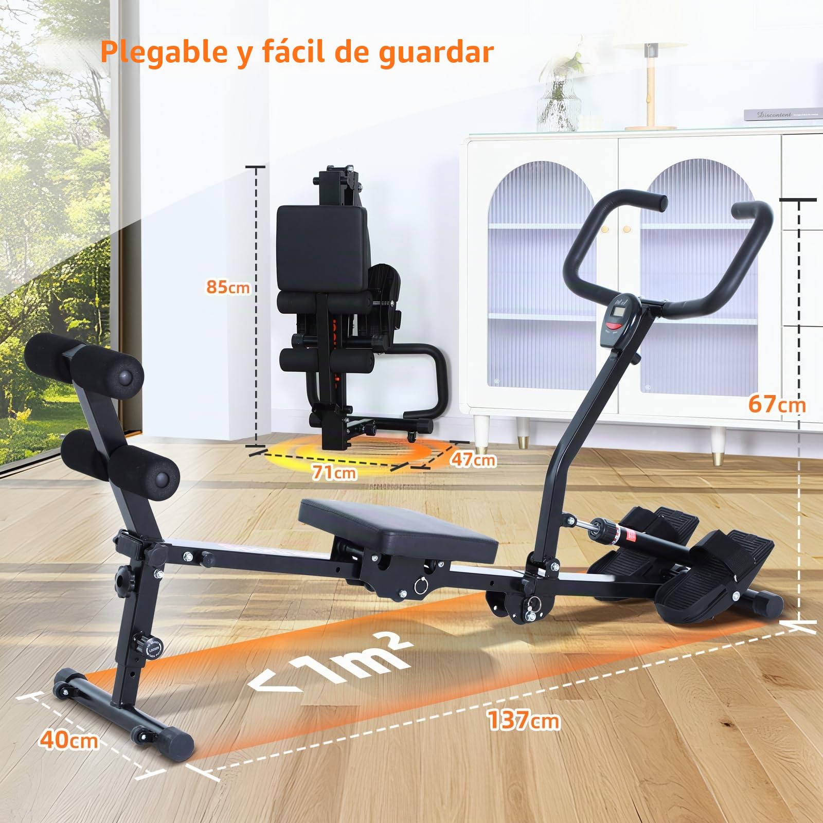 Máquina de remo para el hogar, Sportneer hidráulica plegable con 12 niveles de resistencia, máquina de fitness para el hogar, abdominales con mango en U y respaldo, soporta hasta 135 kg