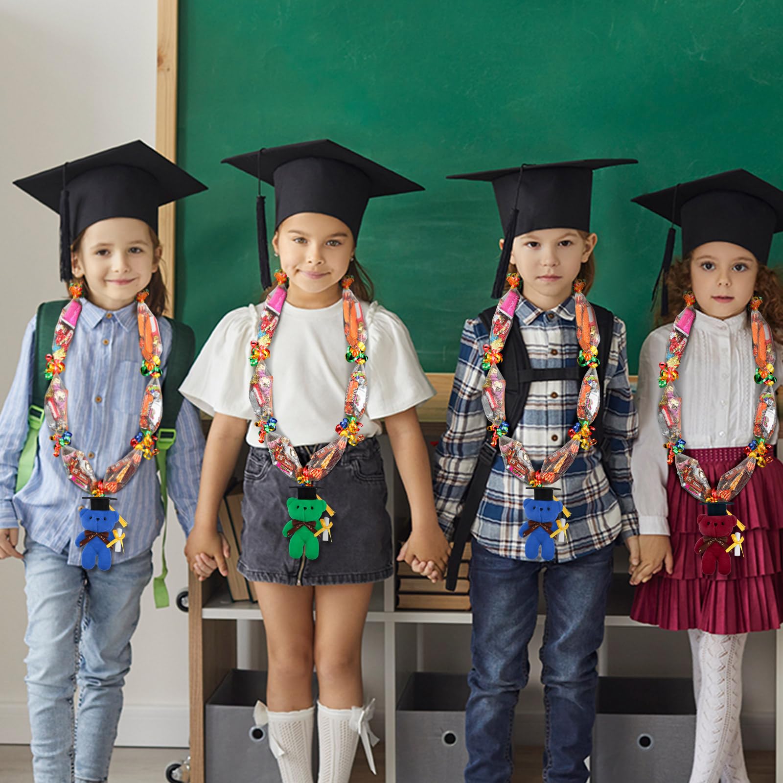 RoundFunny 21 Pcs Graduation Candy Lei Making Kit - Class Of 2024 DIY Kit With Tubes, Ribbons & Grad Bear Stuffies