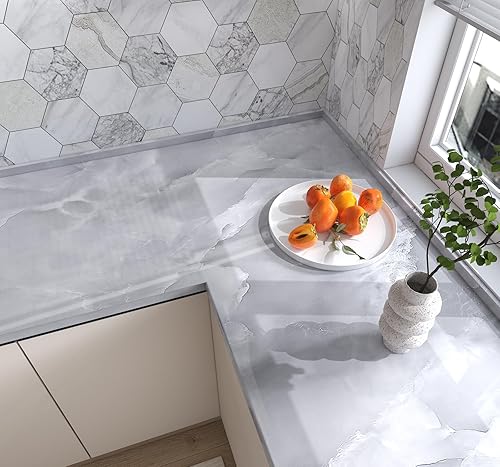 Miniatura 3 de KIKitchen Papel de contacto de mármol gris de 157 x 393 pulgadas papel tapiz de mármol para despegar y pegar autoadhesivo extraíble película de