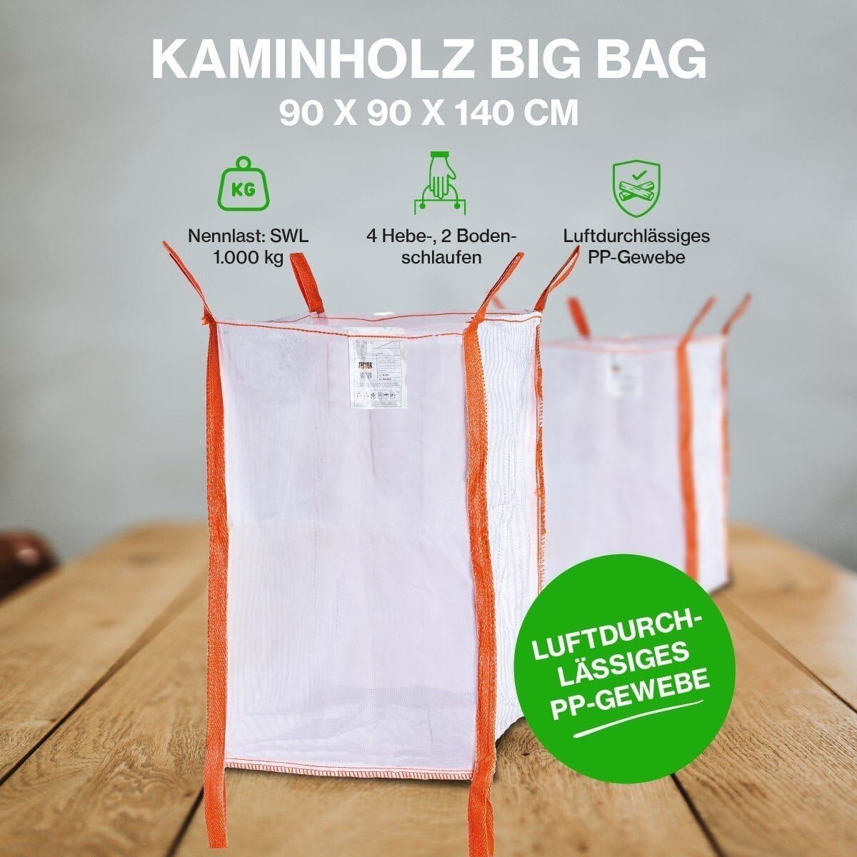 Kaminholz Bag Woodbag Firewoodbag Brennholz luftdurchlässige BigBag Holzsack Holzbag Big Bag 90 x 90 x 140 cm (1 Stück)