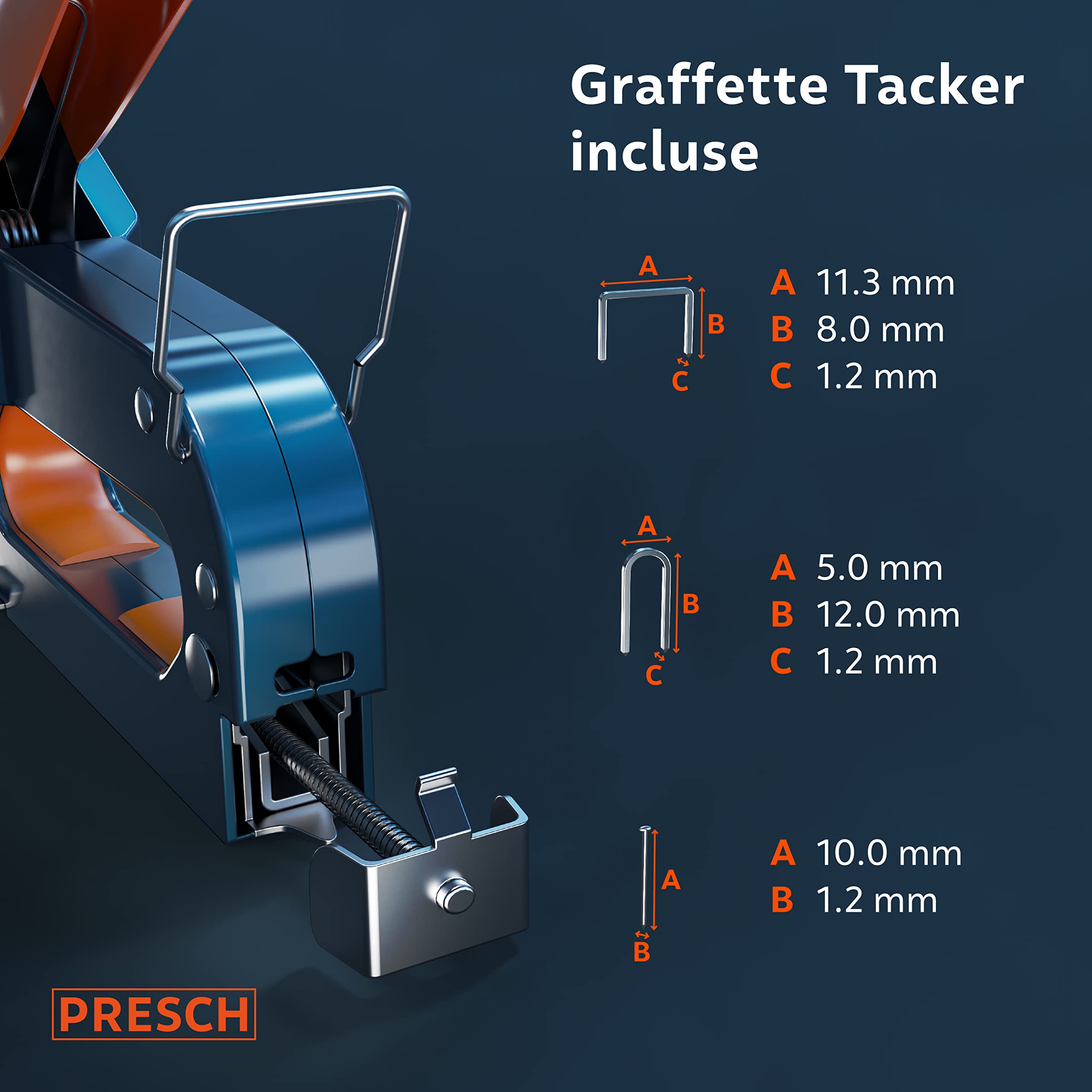 Presch Set Graffatrice Manuale 600 pz. - Fissatrice manuale con 600 graffette per legno, tessuto, mobili e cartone catramato - Attrezzo professionale
