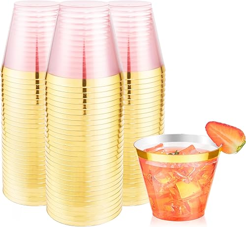 LUODA 150 vasos de plástico rosa, vasos desechables transparentes de 9 onzas con borde dorado, vasos de plástico con borde dorado, vasos de plástico LUODA 150 vasos de plástico rosa, vasos desechables transparentes de 9 onzas con borde dorado, vasos de plástico con borde dorado, vasos de plástico