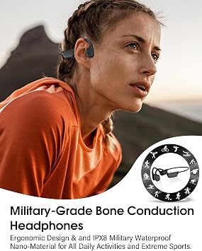 Bone Conduction Headphones, IPX8 Waterproof Swimming Headphones, Open Ear Headphones with MP3 Mode 8GB Memory Up to 12 Hours Playtime, Bluetooth 6.0 Earbuds Secure Fit for Running, Black