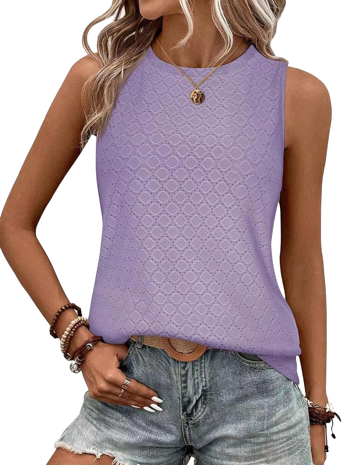 BAISHENGGT Damen Tank Tops Sommer Rundhals Ärmellos Ausgehöhlt Basic T Shirt Oberteile Lila S