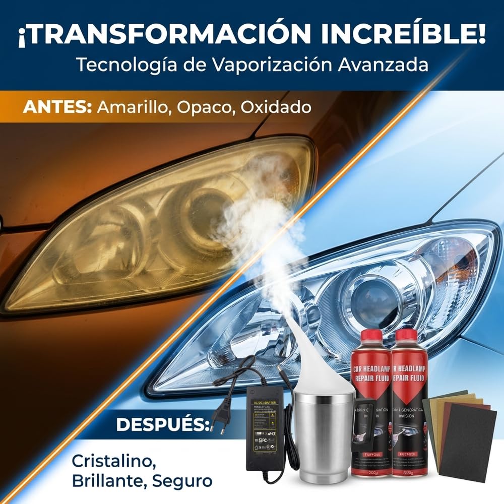 Kit Completo de Restauración y Pulido de Faros de Coche - Incluye 2 Botes de Solución Abrillantadora (800g) y Aplicador Térmico de Acero Inoxidable. Elimina Arañazos y Amarilleo