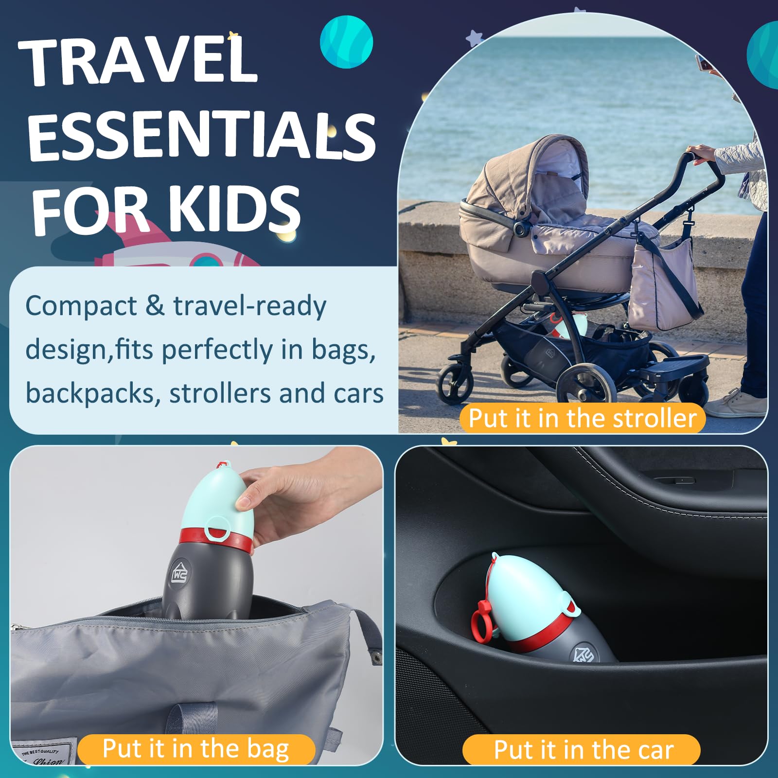 Portable Urinal for Kids Rocket Pee Cup for Kids Small Emergency Toilet Travel Urinal for Toddlers Boys Girls 12.5 OZ Pee Bottle for Kids Child Camping Car Travel Potty Training Baby Urinal Blue - 5