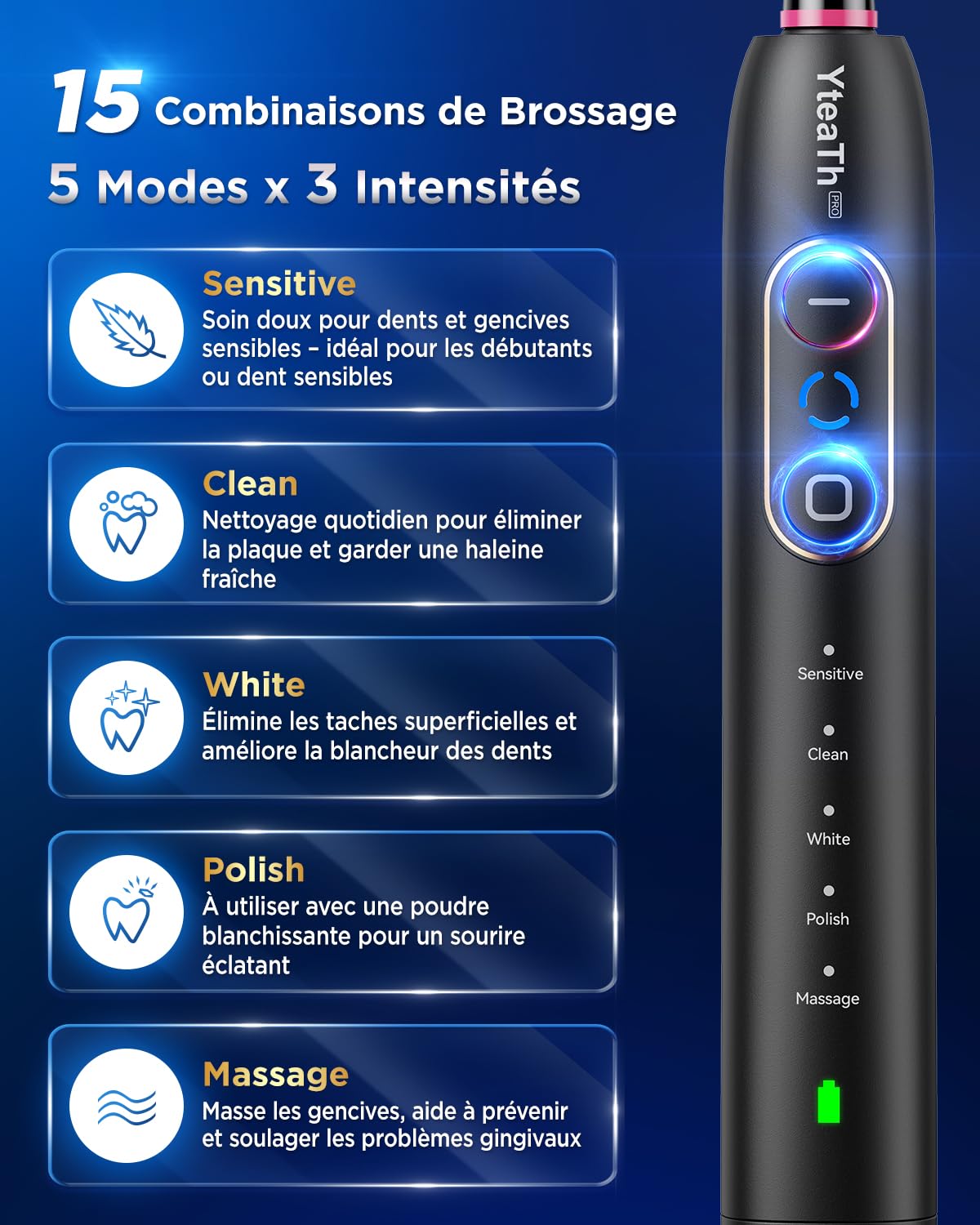 YTEATH PRO Brosse À Dent Électrique Rotatives pour Adultes - Brosses À Dents Rotatives avec 3 Intensités 5 Modes, 8 Têtes, Étanche IPX7, Brosse A Dent Electrique de Voyage, Noir Profond