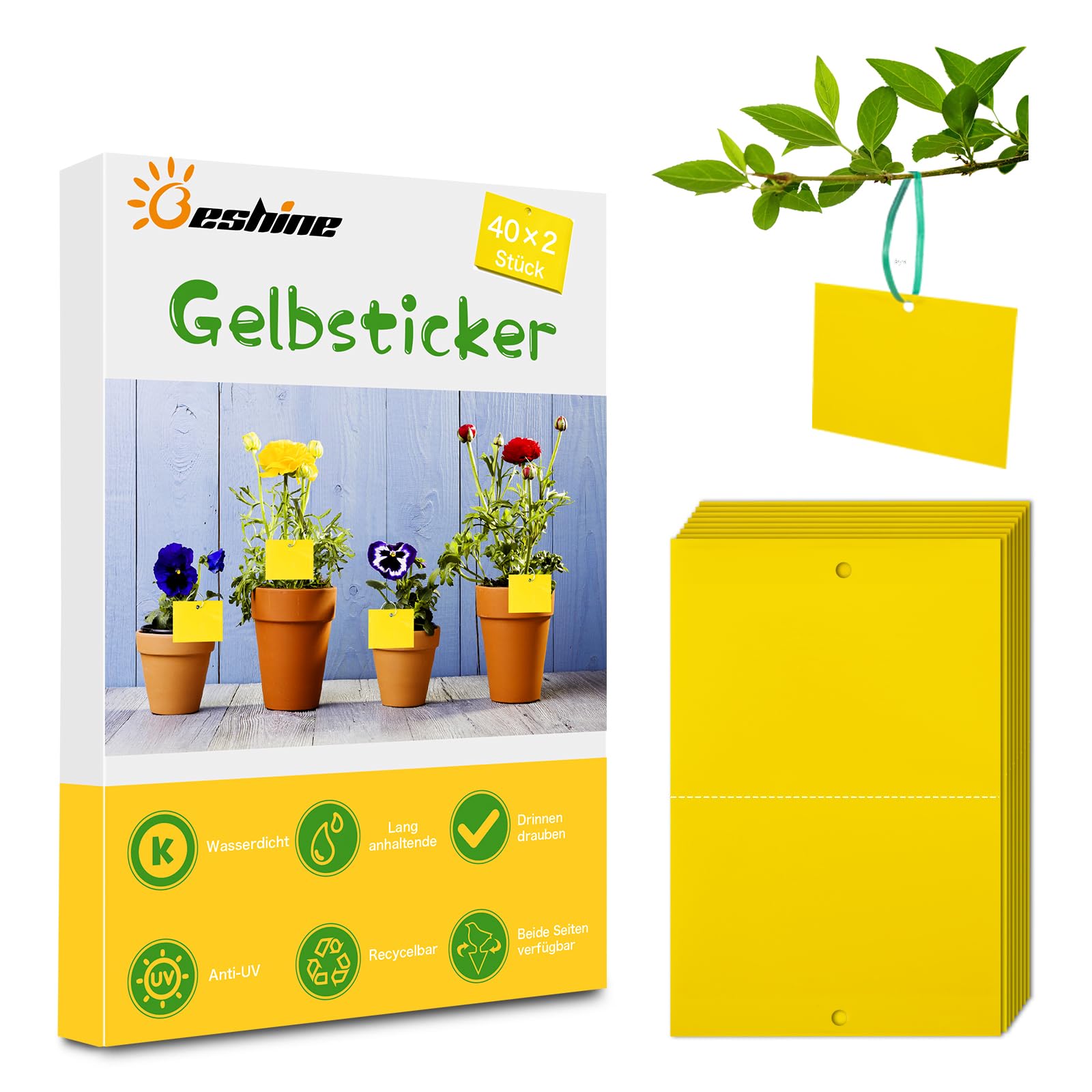 Beshine Gelbsticker, 40 x 2 Stück Gelbtafeln Trauermücken Bekämpfen klebriger Fänger für Pflanzen Innen- und Außeninsekten Fliegenkontrolle, wasserdicht und ungiftig