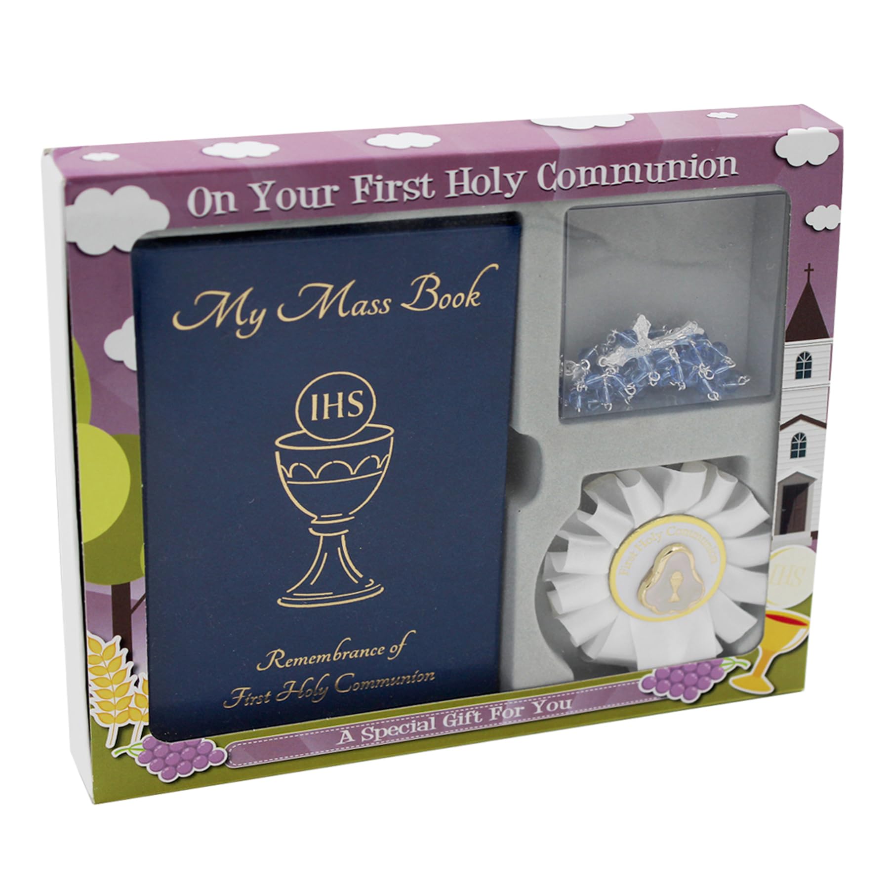 First Holy Communion 3 piece Gift Set (Blue Mass Book, Rosary Beads and Rosette 1816)