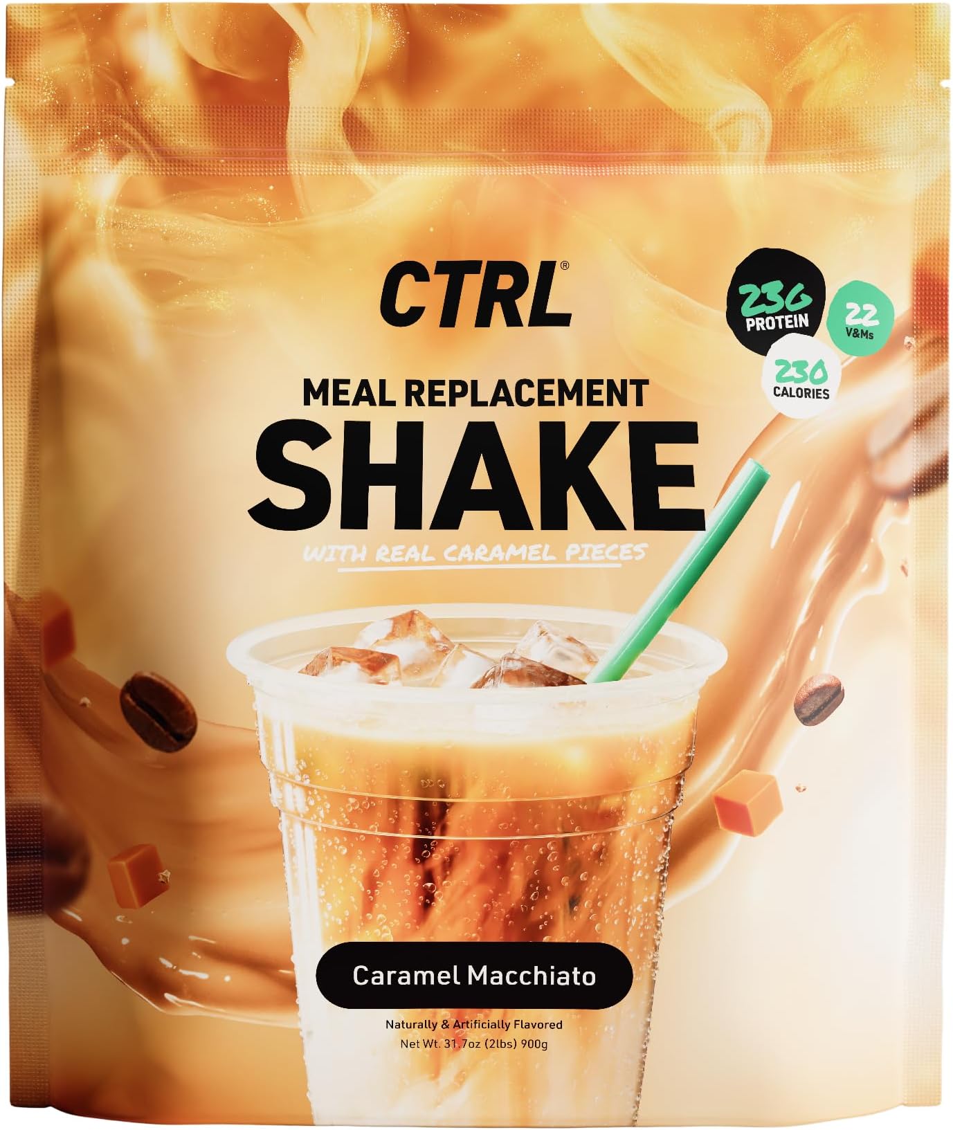 CTRL Meal Replacement Shake with Real Caramel Pieces – Caramel Macchiato - 15 Servings Packed with Essential Nutrients, Including 23g of Protein, 8g of Fiber, 22 Vitamins and Minerals & Only 1g Sugar