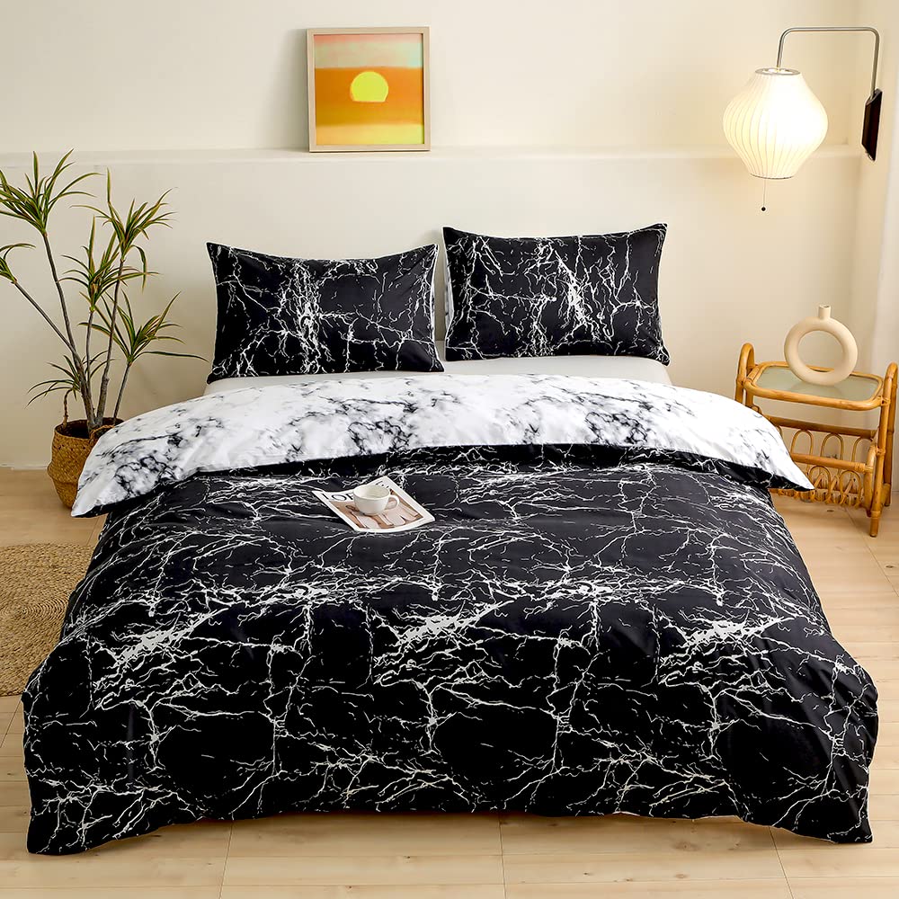 ENEN Juego de Ropa de Cama 3/4 Piezas de Microfibra Suave, Funda Nórdica Estampado de Mármol con1 Funda de Edredón, 1 Sábana Bajera Ajustable y 1 o 2 Fundas Almohada (Cama 105: 200x200cm,Negro)
