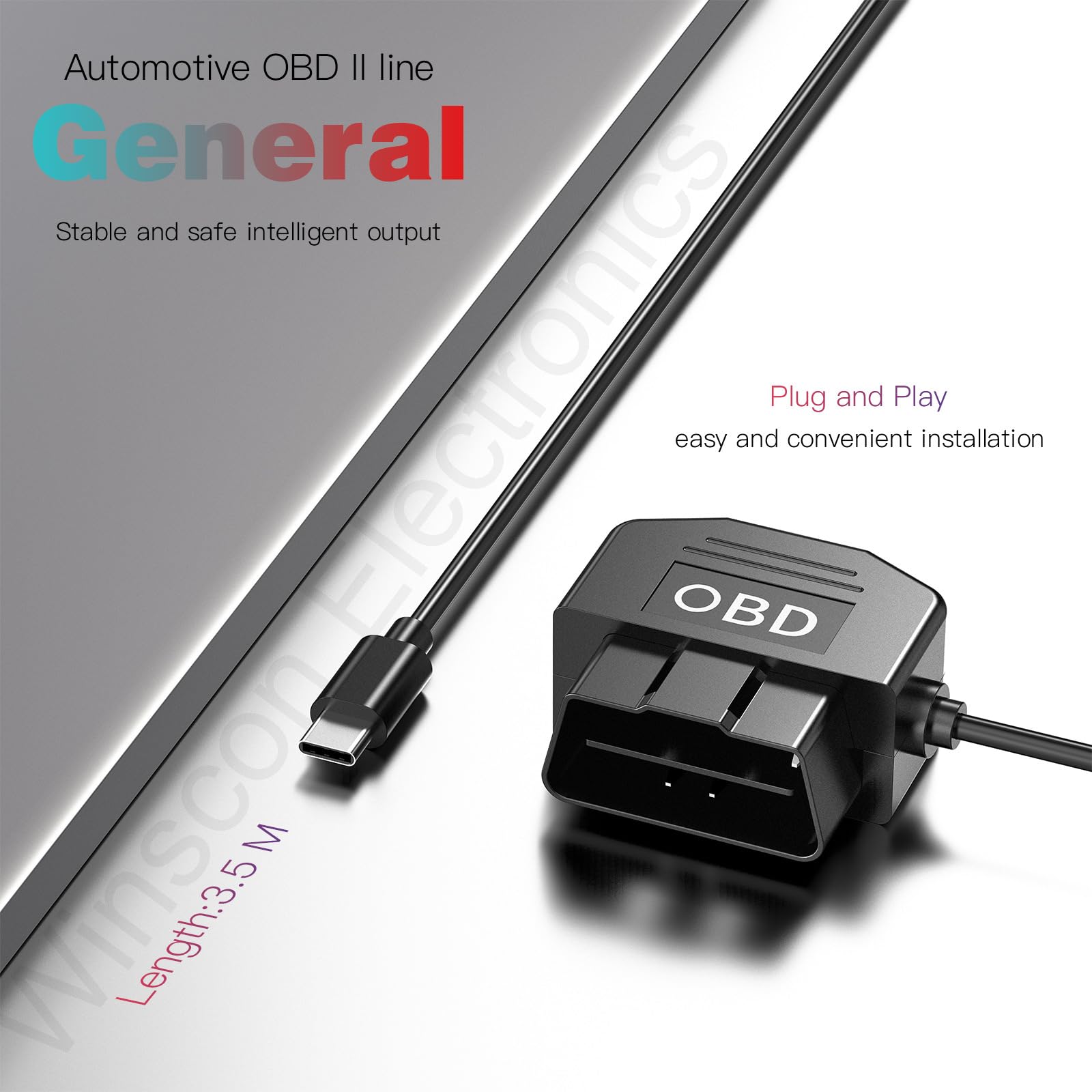 Kit de cableado para cámara de salpicadero OBD, tipo C, kit de cable duro USB C con cable de alimentación OBD para cámara de salpicadero de 12-24 V a 5 V/3 A con protección de bajo voltaje, vigilancia