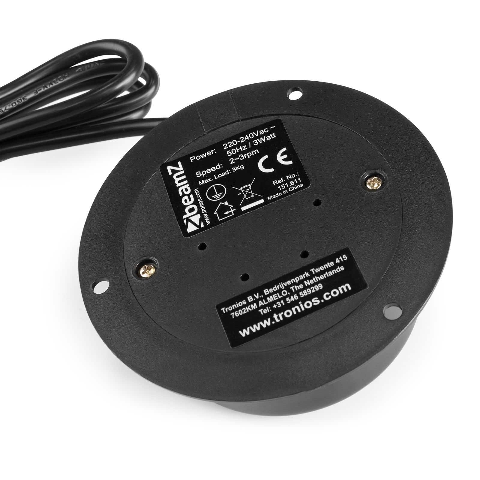 Motor compacto para bola de espejos hasta 2,5 kg y 30 cm con cadena, tornillos y carcasa robusta, 3 RPM, cable 0,6 m, enchufe moldeado, 230V 50Hz, montaje en techo