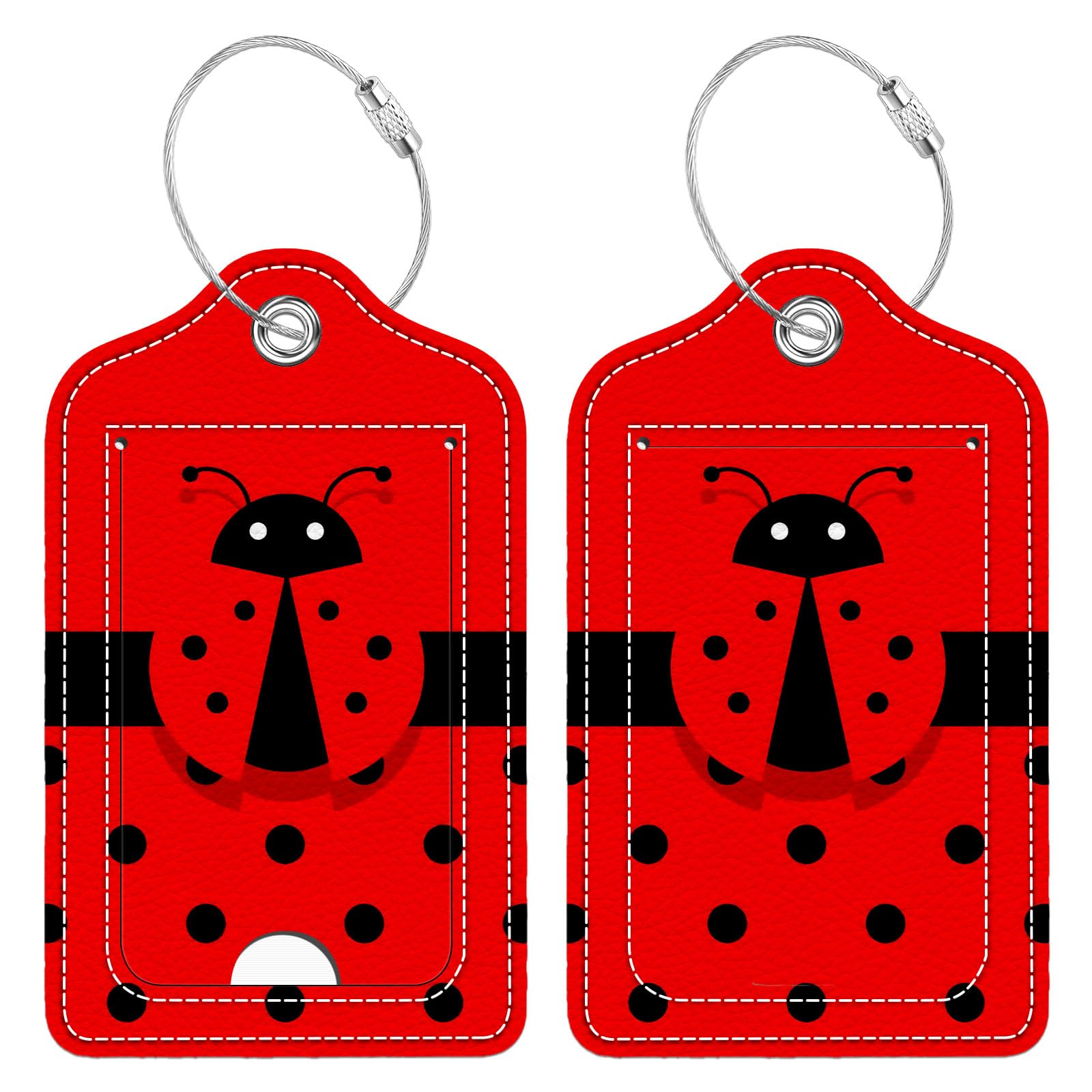 Bvkilrvc 2 Pcs Luggage Tag for Suitcase, Red Ladybug Unique Leather Suitcase Tags with Full Privacy Cover Stainless Steel Loop for Women Men Travel