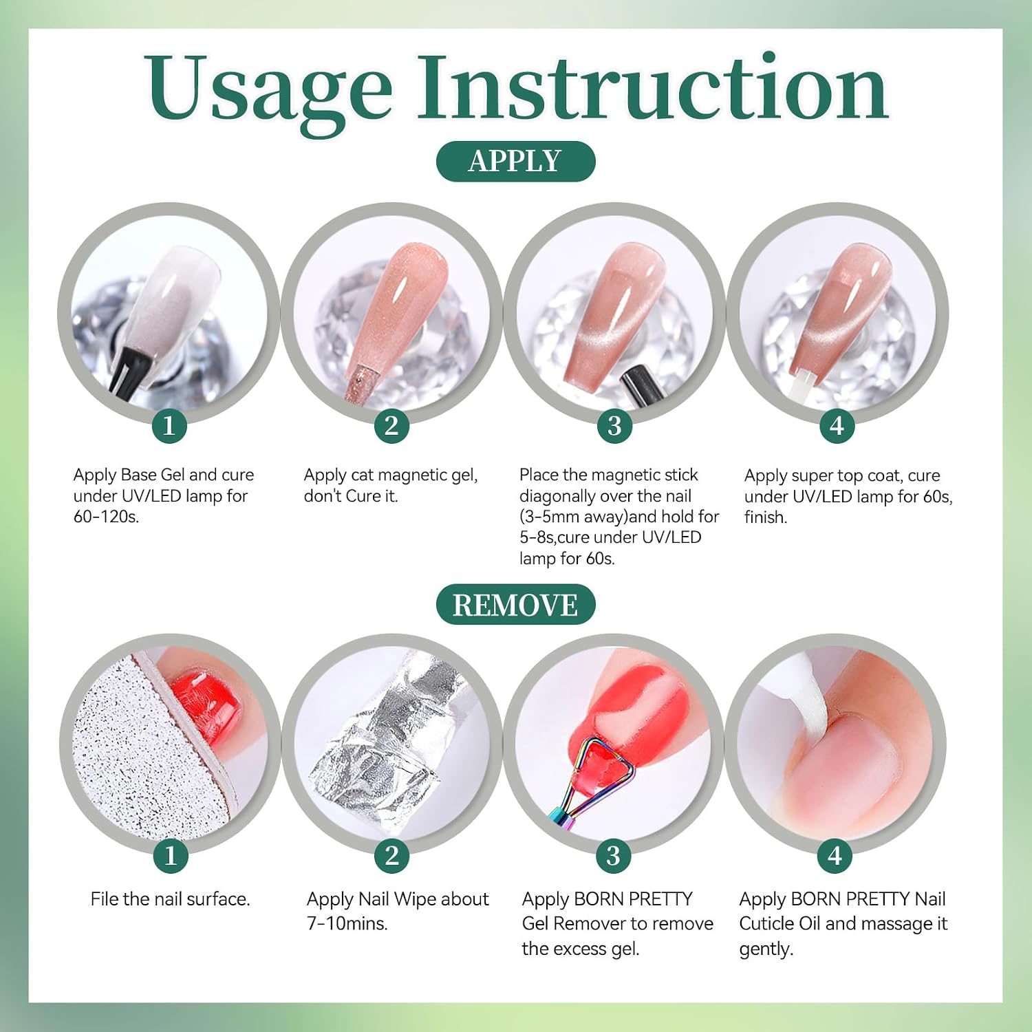 Born Pretty Green Cat Magnetic Eye Gel Nail Polish Jelly Olive Emerald Green Crystal Glass Magnetic Shimmer Glitter Nail Polish Salon Gel Manicure DIY at Home 7ML 6PCS
