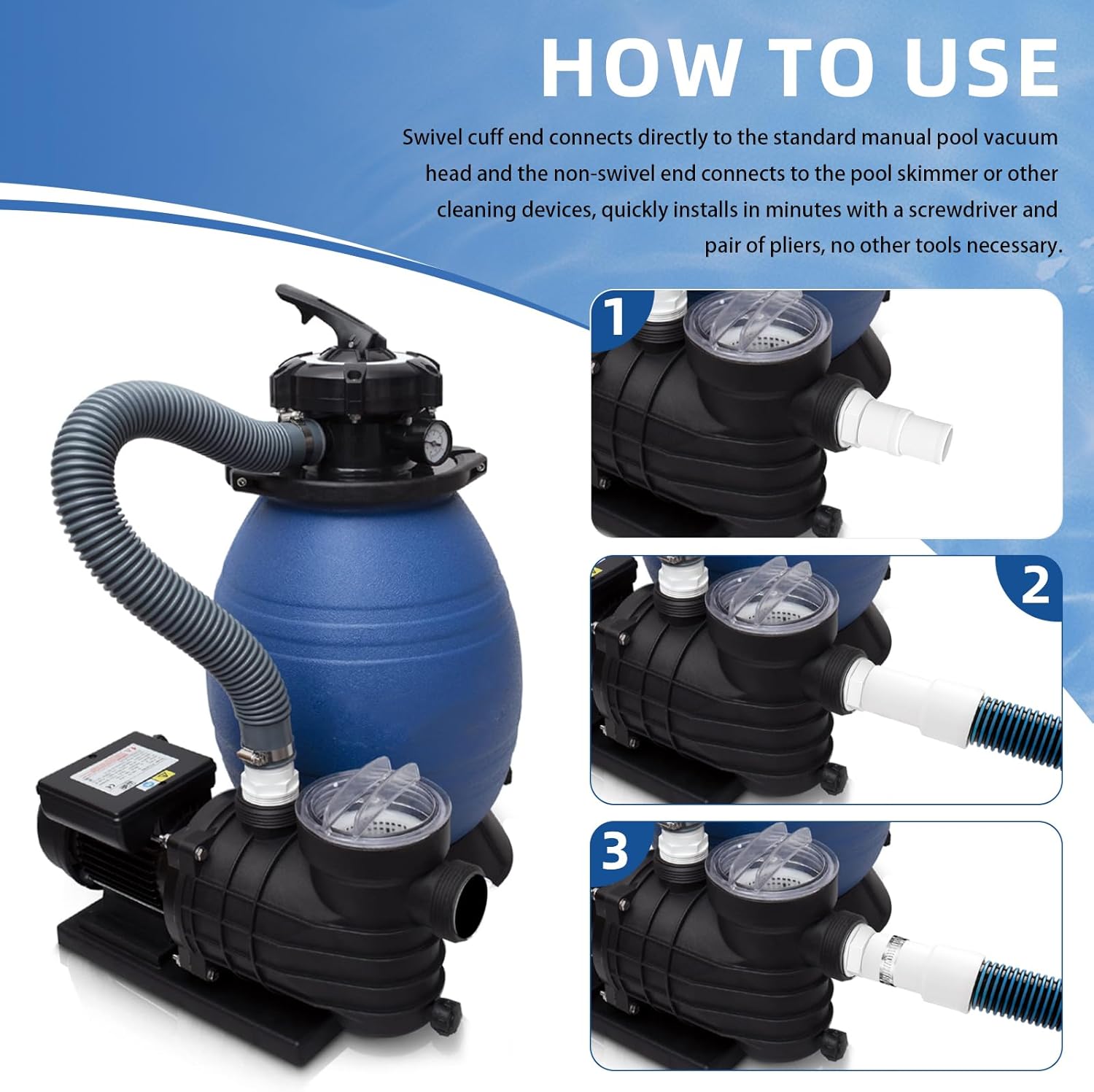 1.5" 6ft Swimming Pool Filter Pump Hose Replacement Kit, fit for Above Ground Swimming Pool Vacuum Skimmer 1 1/2" Filter Hose and for 1.25/1.5" Adapter Fittings -2 Hoses, 2 Adapters, 2 Tapes, 4 Clamps