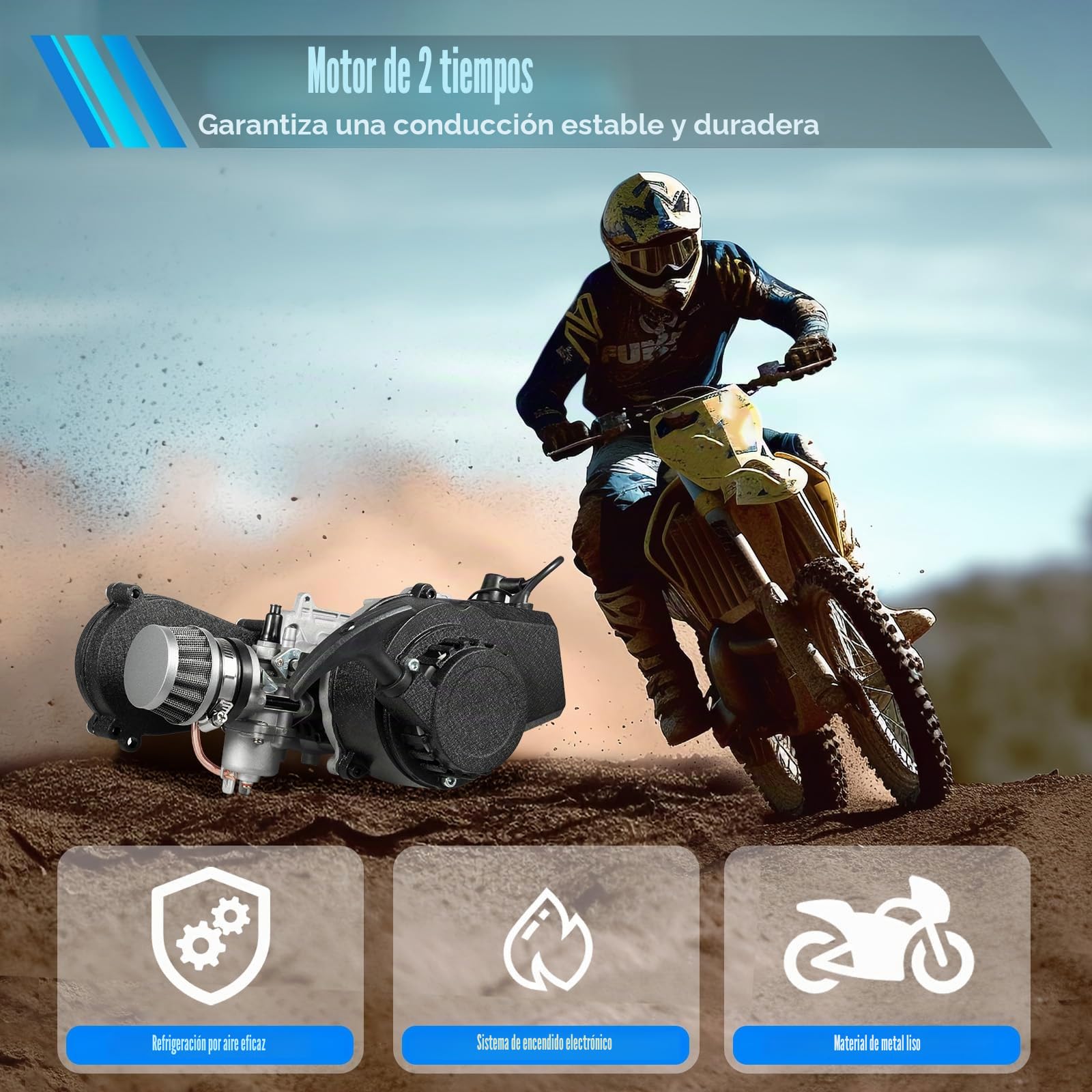 Motor mini de 49 cc | Motor de 2 tiempos a 7000 rpm | Cadena T8F | Con depósito de combustible. Kit de mini moto de cross | Para motores monocilíndricos de mini motos de cross, quads o scooters