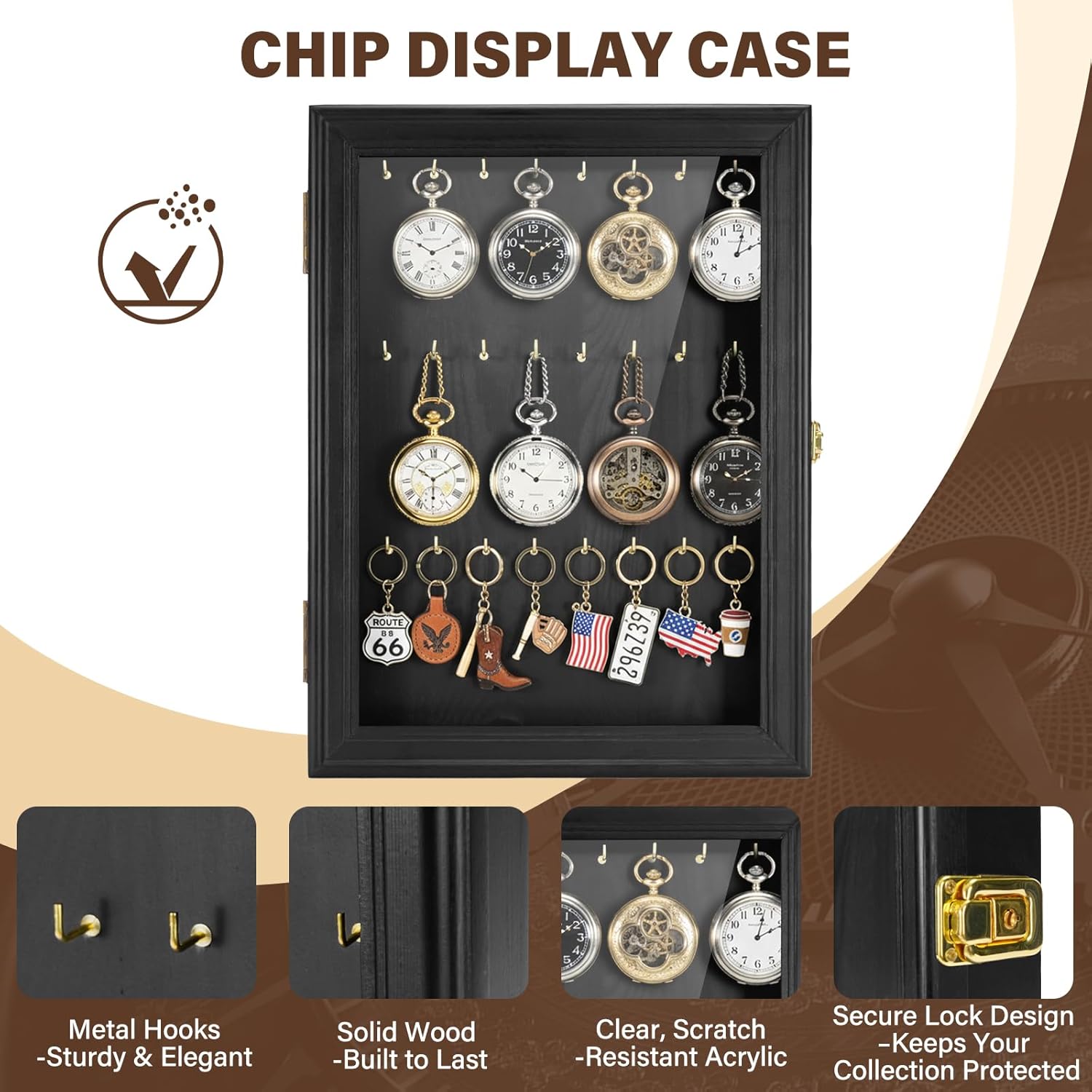 Pocket Watch Display Case, Elegant Keychain Display Stand with 24 Metal Hooks, Wall Mount Display for Pocket Watch Collectors, Unique Gift for Watch Lovers