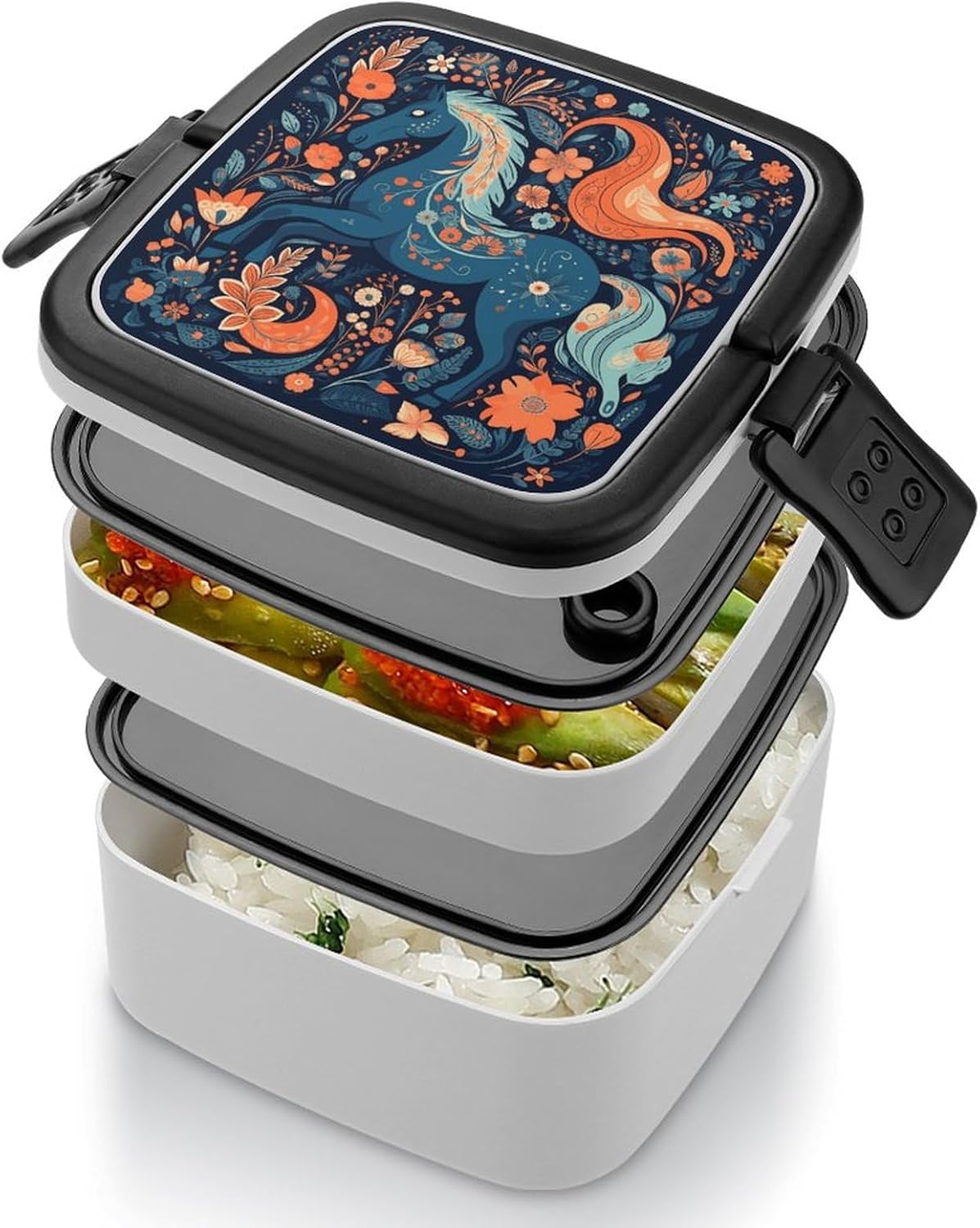 Bento Box with Spoon And Handle Playful Pony Printed Stackable Bento Box Portable Bento Lunch Box Container for Work Camping And Travel
