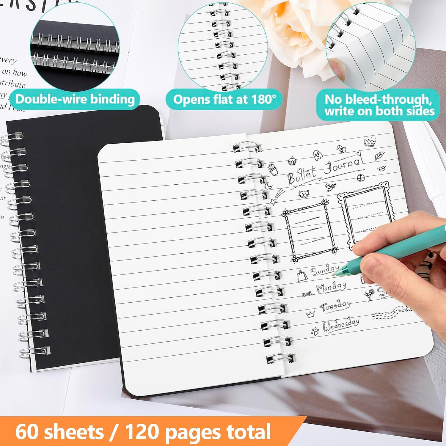 60 Pack Mini Spiral Notebooks, 3x5 Inch Small Pocket Notebooks, Black Cardboard Cover Memo Pads with Lined Pages, Small Spiral Notepads for Home Office Travel(60 Sheets/120 Pages)