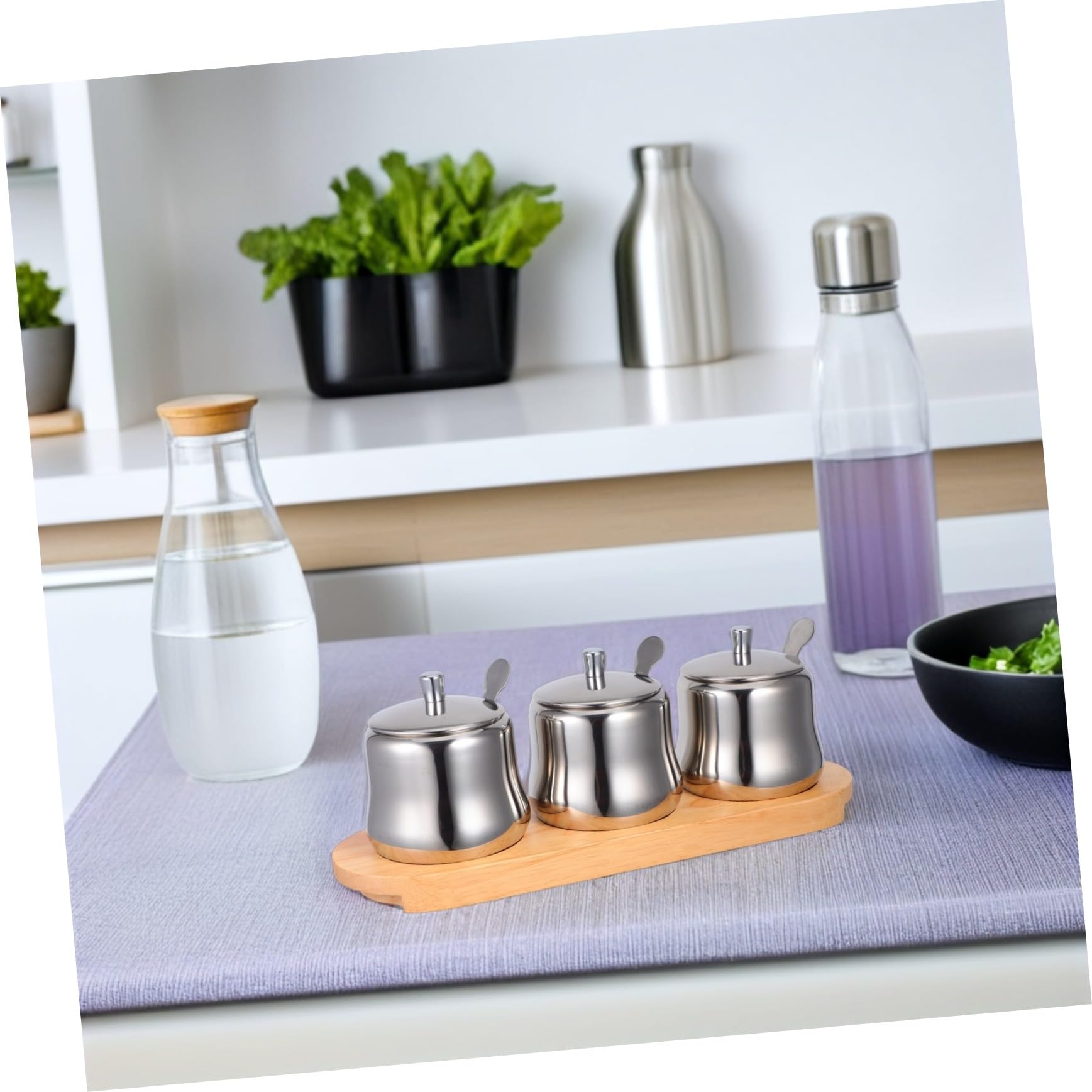 ULTECHNOVO Gewürzbehälter aus Edelstahl mit Löffel und Deckel Zuckerdose und Holztablett für Küche Luftdichtes Gewürzglas zum Frischhalten von Gewürzen