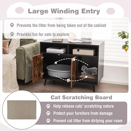 Miniatura 5 de Tangkula Caja de arena para gatos, muebles ocultos para baño para gatos con gabinete de doble puerta, compartimentos y almohadilla para rascar para