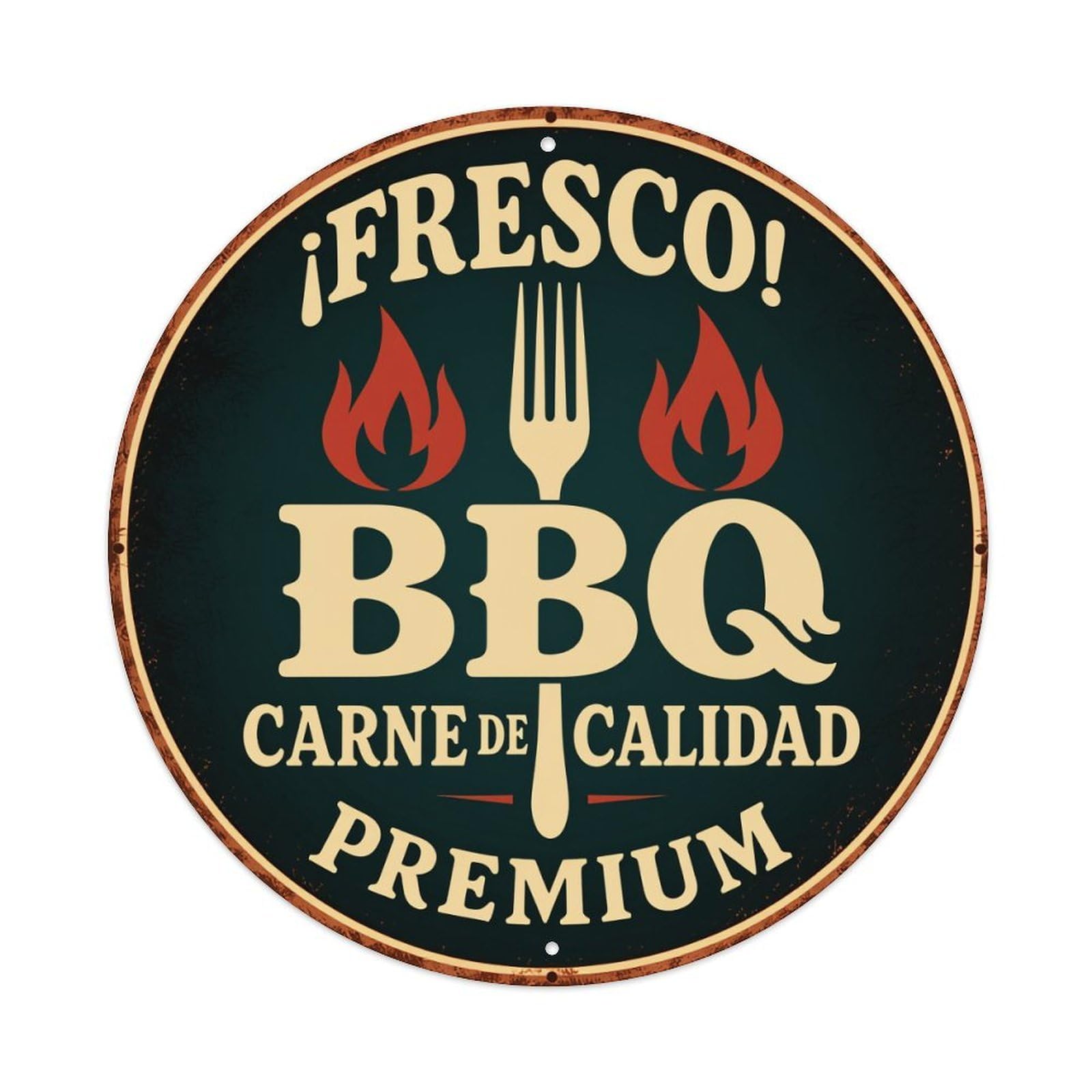 Fresco BBQ Meat Premium Quality Round Tin Sign Vintage Metal Poster, Home Bar Garage Man Cave Cafe Indoor & Outdoor Wall Decoration 8x8Inches