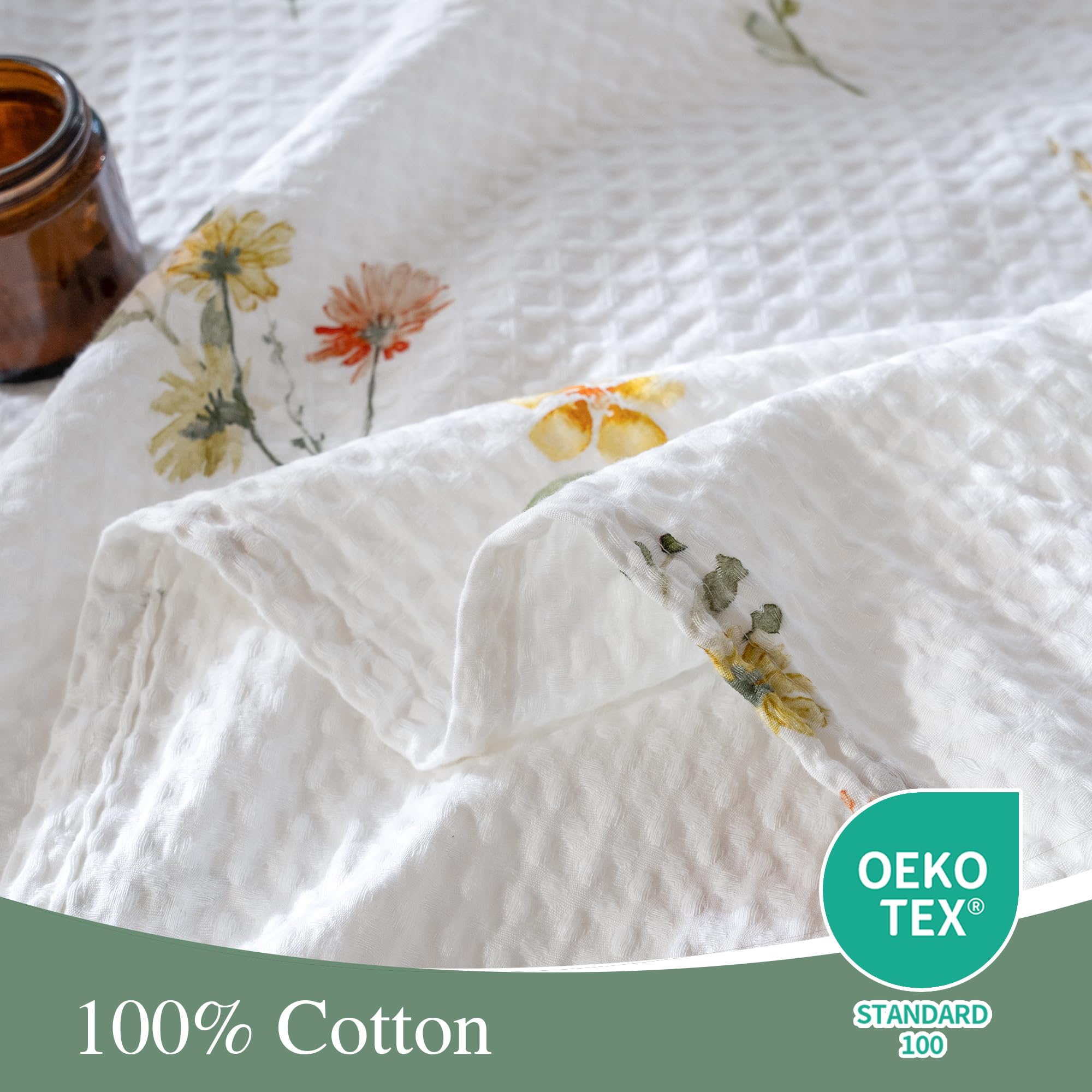 CHUFFED 100% Cotton Waffle Blanket 150x200cm Soft Lightweight Throw Blanket for All Season Flower Floral Printed Blanket Layer for Couch Bed Sofa Twin/Double Size-White - Image 4