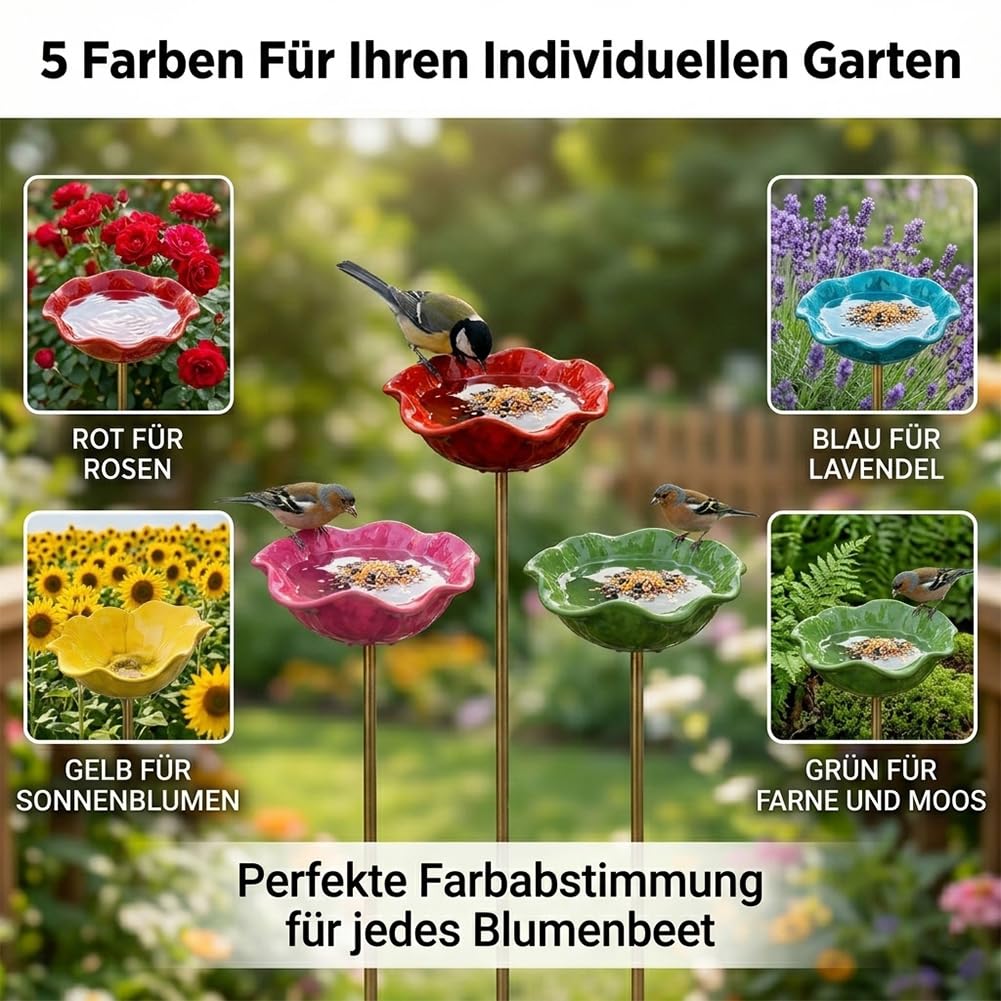 Vogeltränke Blume & Bienentränke Keramik Gartenstecker – Insektentränke Garten für Wasser & Vogelfutter, Dekorative Keramikblüten für Bienen & Vögel (2, Rosa)