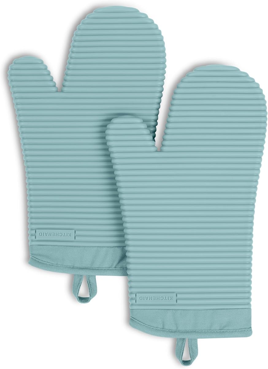 Juego de 2 paquetes de manoplas de horno de silicona suave acanaladas KITCHENAID, 7.5"x13", agua mineral Aqua
