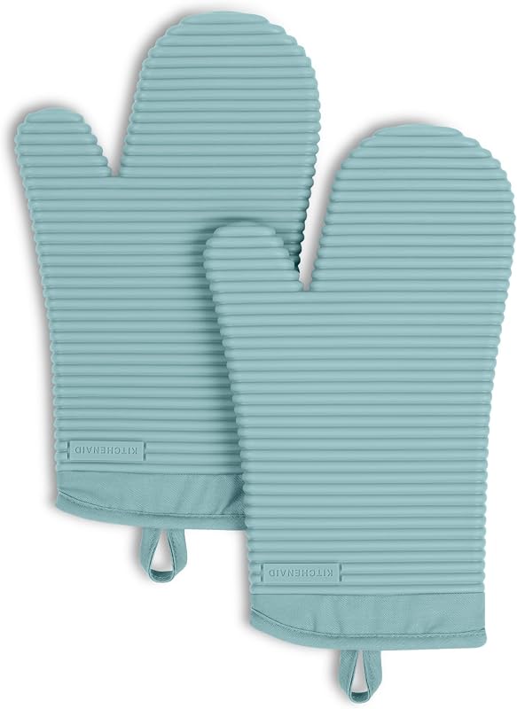 Juego de 2 paquetes de manoplas de horno de silicona suave acanaladas KITCHENAID, 7.5"x13", agua mineral Aqua