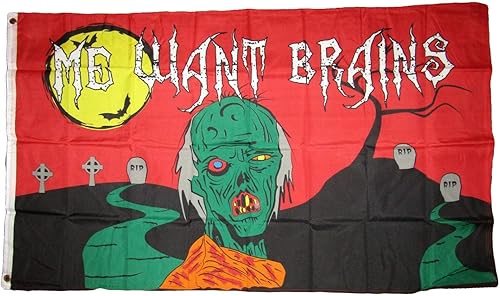 Trade Winds Bandera de zombi de Halloween de 3 x 5 pies para interiores y exteriores, pancarta Me Want Brains Monsters, 3 x 5 pulgadas, resistente a