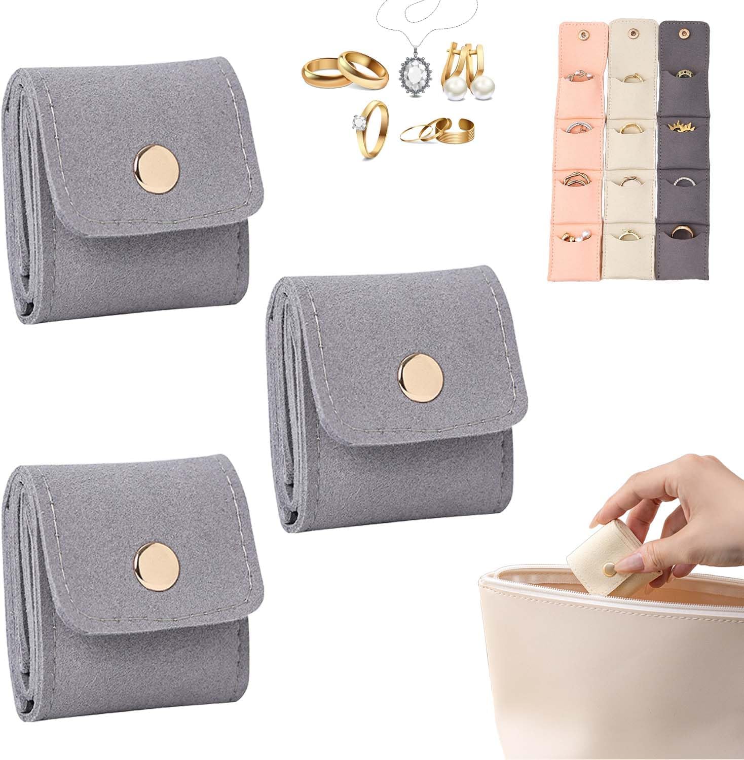 Mini Travel Jewelry Bag, Portable Velvet Foldable Jewelry Organizer with Buckle Clasp & Storage for Earrings Rings Necklaces, for Girls Women Bracelet Storage Bag (Pink,5PCS)