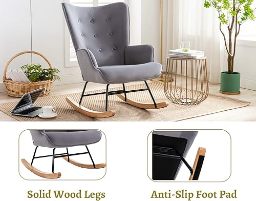 Miniatura 4 de EALSON Silla mecedora tapizada de terciopelo gris para habitación del bebé silla mecedora tapizada con respaldo de alas con base de madera moderna y