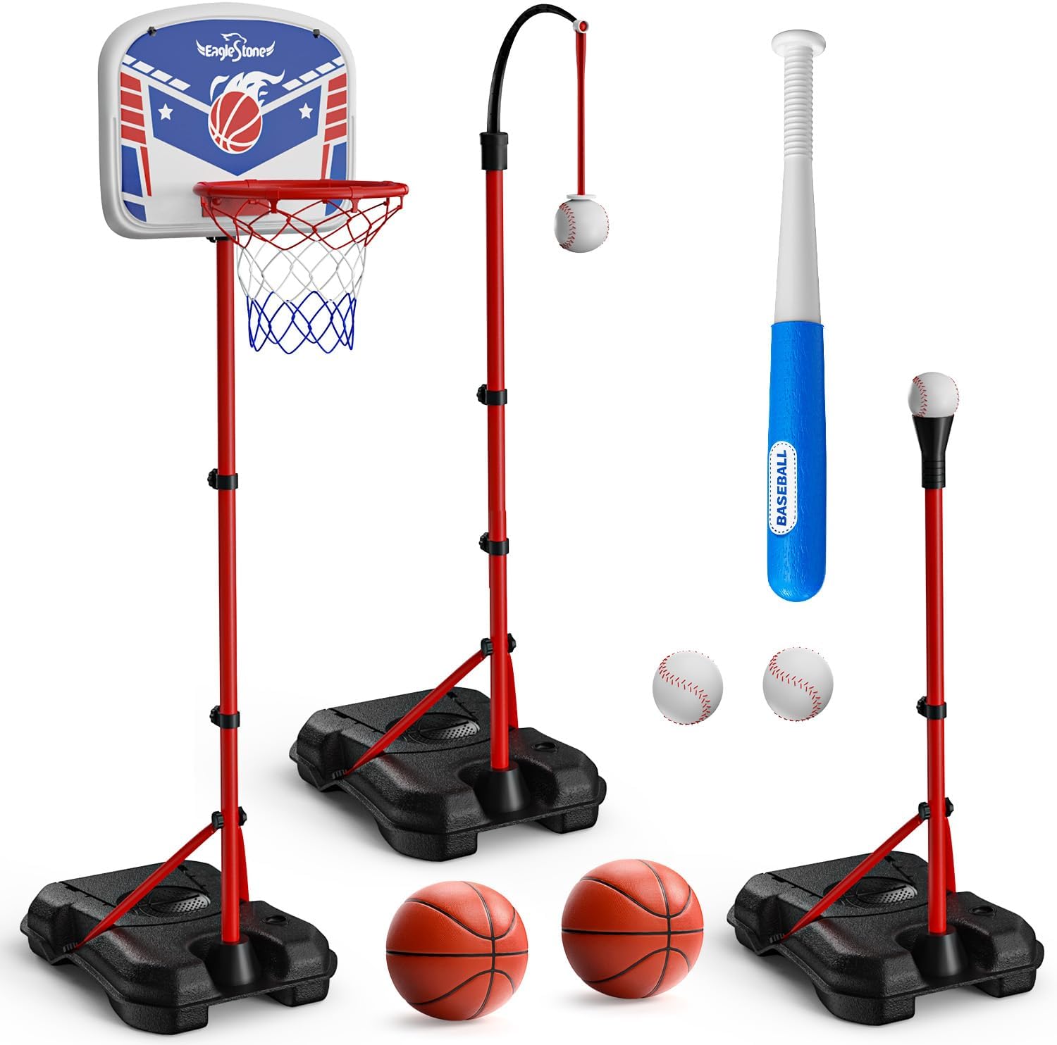 EagleStone 3 in 1 Kids Basketball Hoop and T Ball Set for Kids 3-5