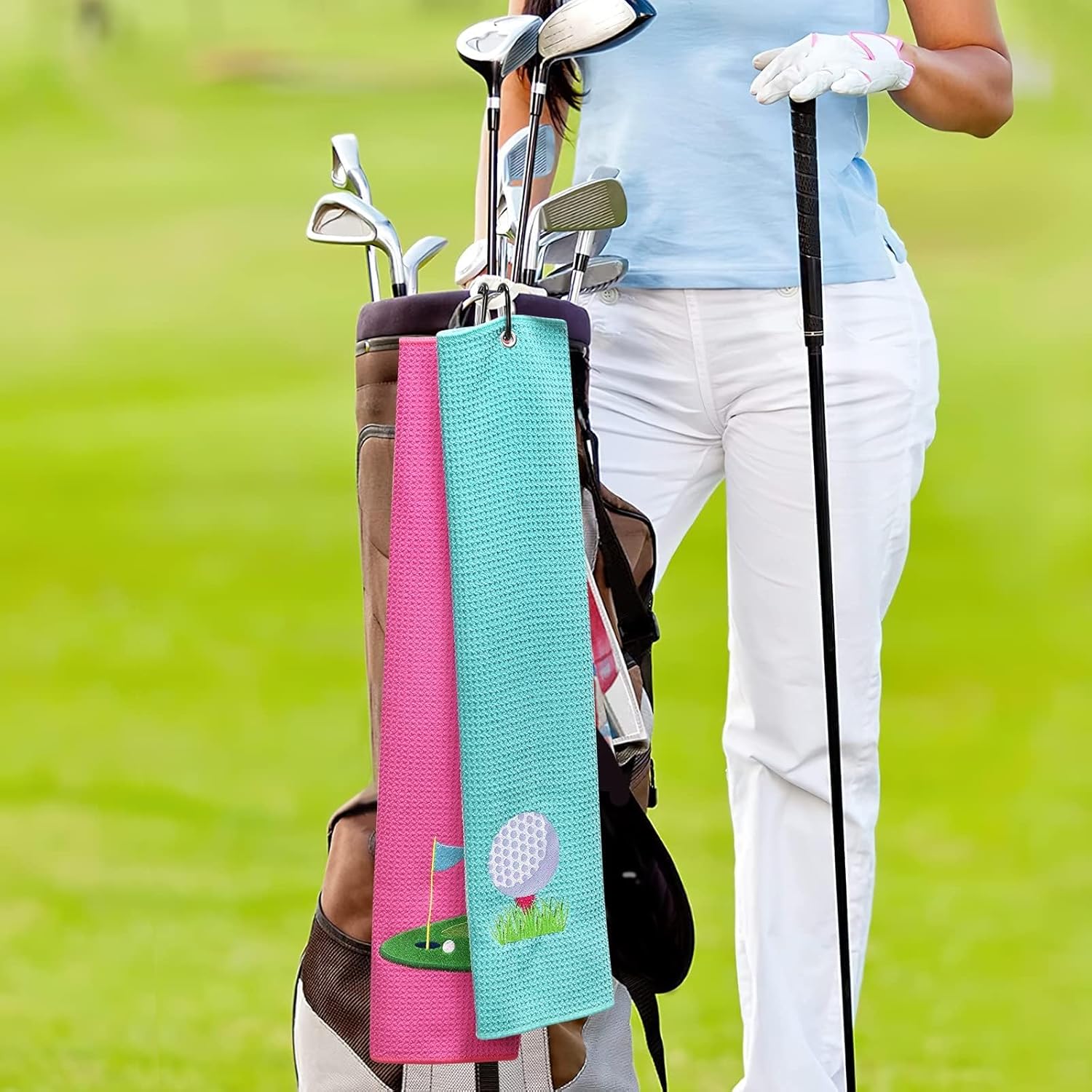 Vansolinne Golf Towels for Bags - Microfiber Waffle Pattern Pink Blue - Funny Gifts for Golf Fans, Set of 2 - Image 6