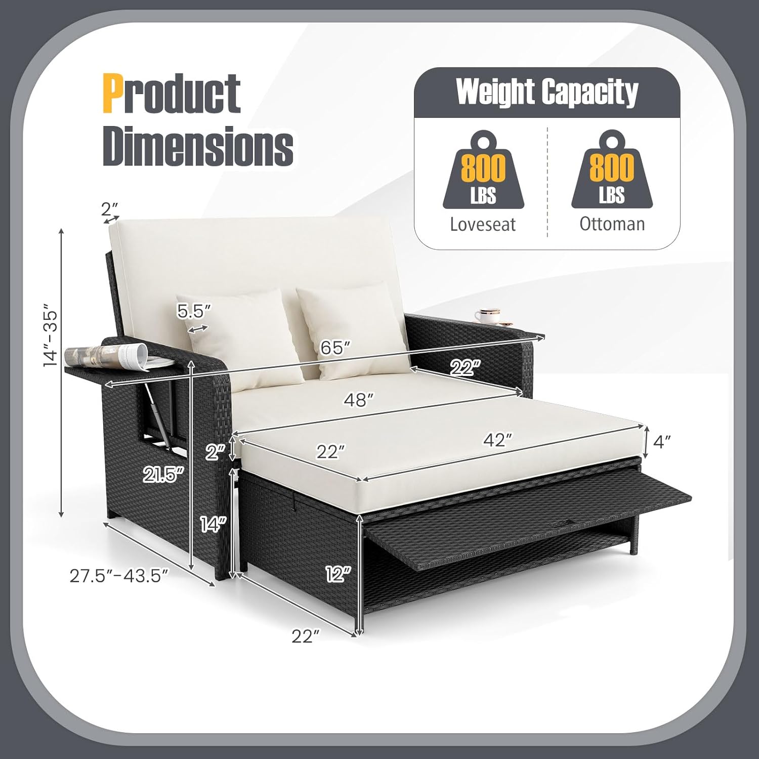 RELAX4LIFE Wicker Patio Outdoor Daybed - Rattan Day Bed Lounger w/Loveseat & Storage Ottoman, Sunbed Sofa Set w/Cushions, 4-Level Adjustable Backrest & 2 Retractable Trays, Patio Daybed (White-Black)