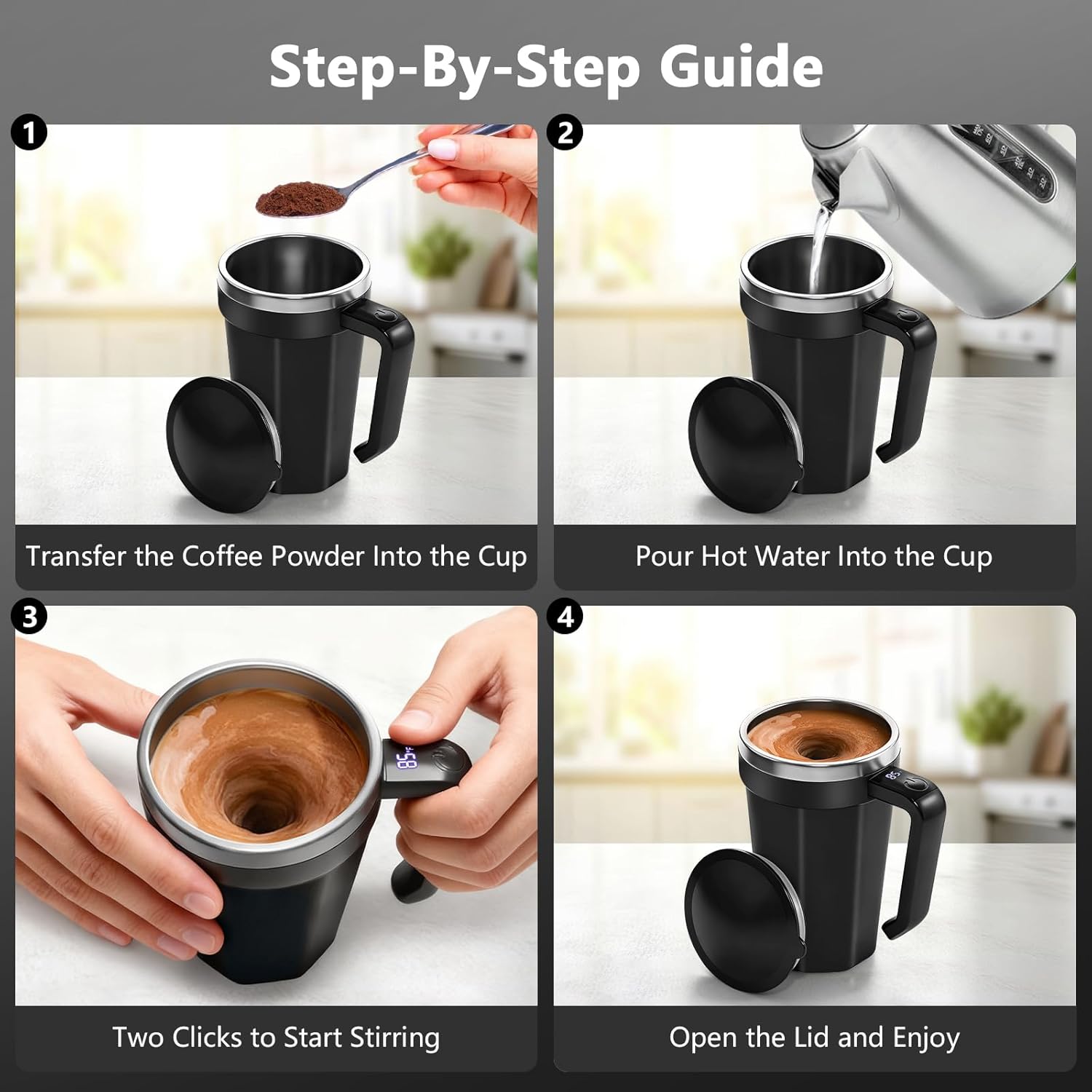 Self Stirring Coffee Mug with Temperature Display, 18 oz Rechargeable Self Stirring Mug with Lid, Automatic Self Stirring Cup, Coffee Mug with Stainless Steel for Coffee, Milk, Beverages, Black